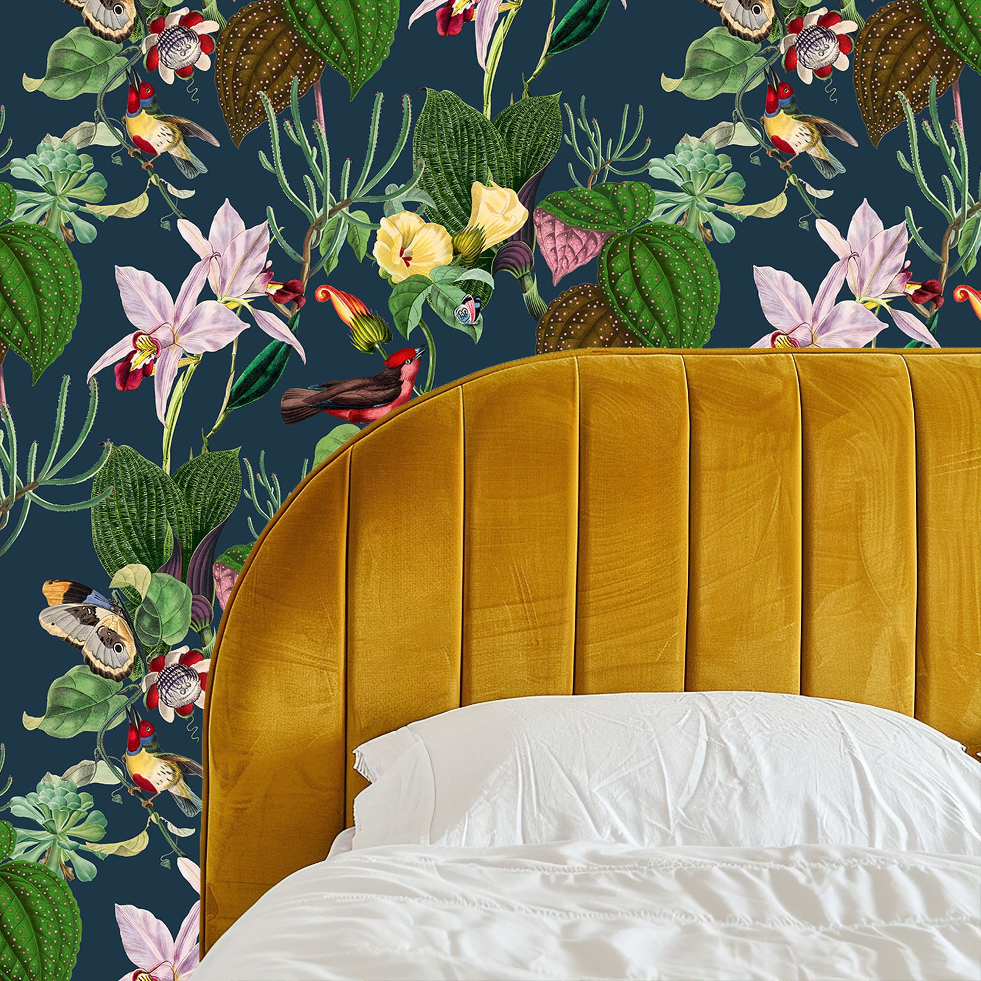 Botanical Birds Wildlife Wallpaper - Navy