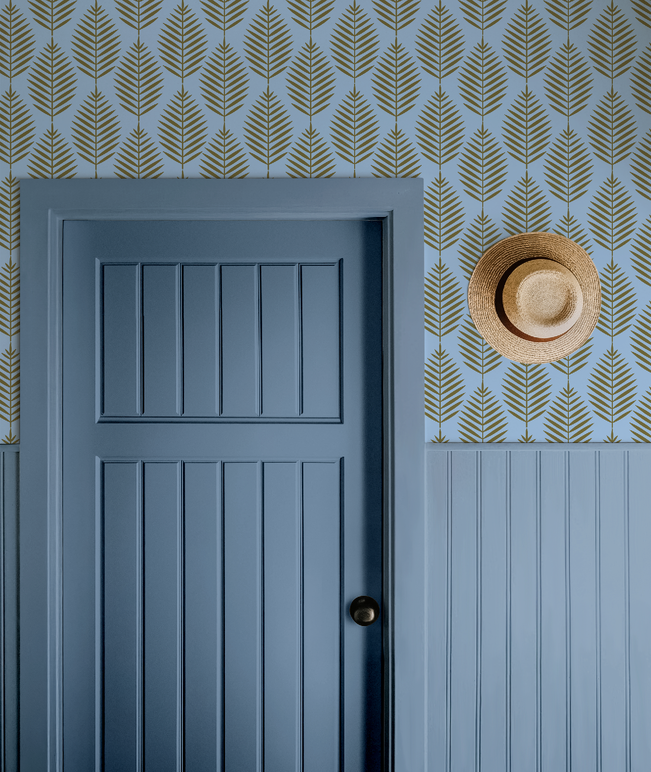 Palm Beach Leaf Gold and Blue Wallpaper