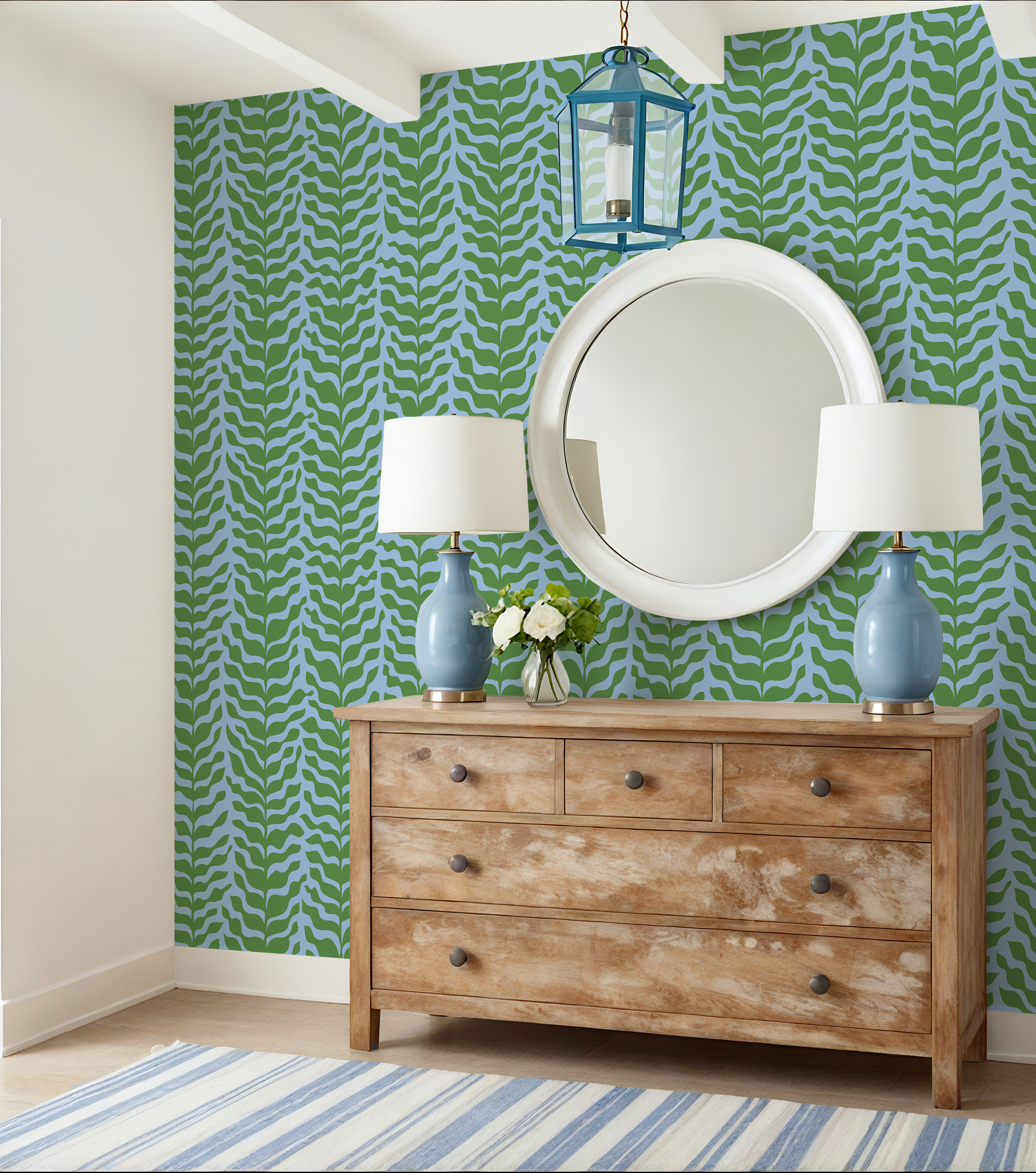 Boho Garden Green & Blue Trellis Botanical Chinoiserie Style - Wallpaper