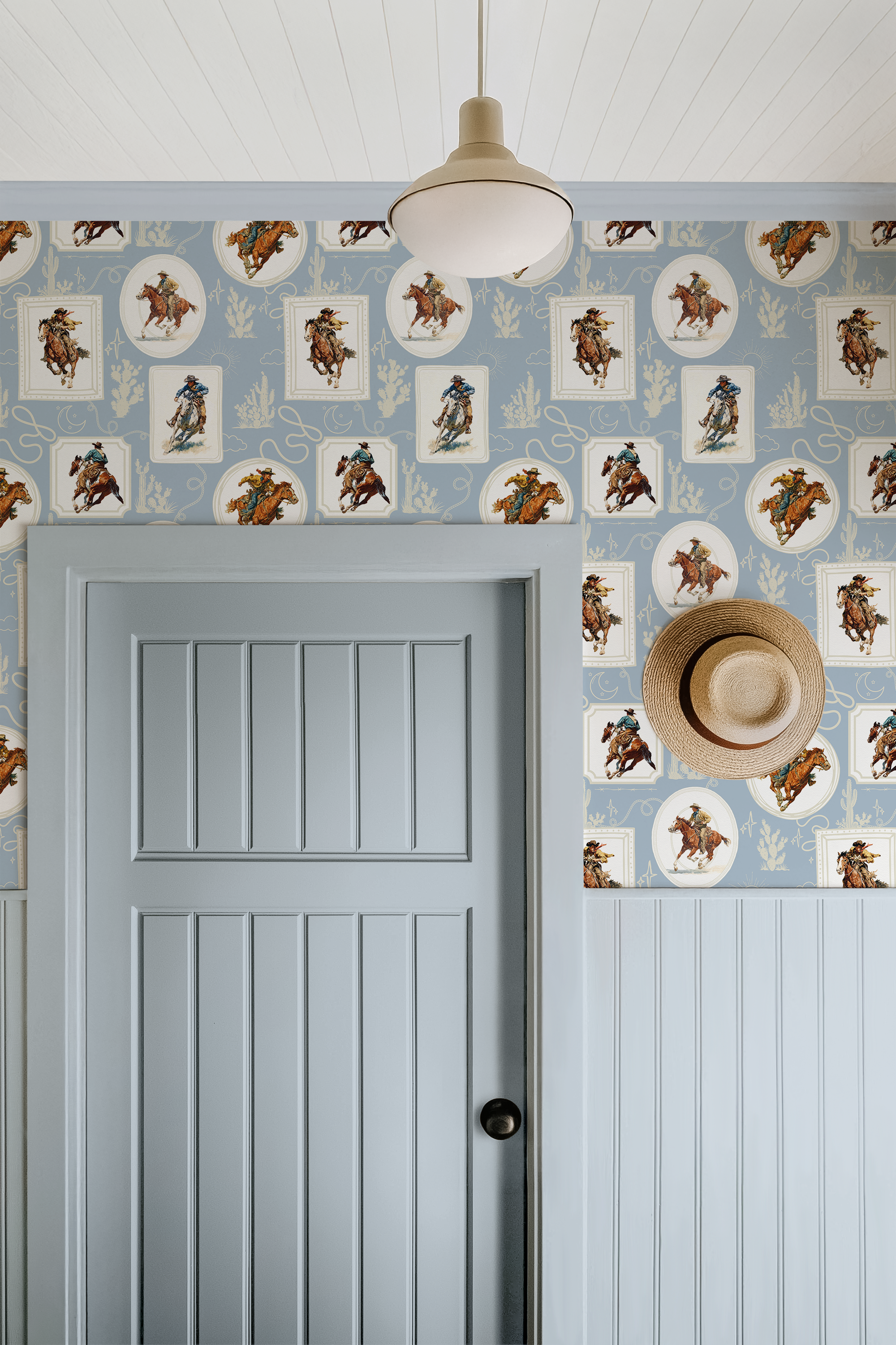Cowboy Retro Wallpaper Print in Blue
