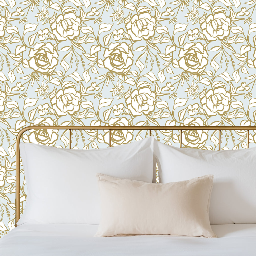 Floral Ink Wallpaper in Light Blue and Gold - Image 7 by RebelMod