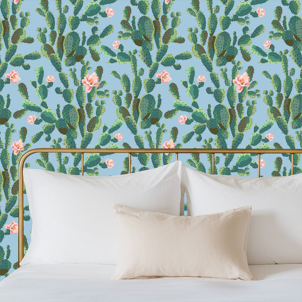 Cactus Trellis in Blue Wallpaper, Blue Southwestern Peel and Stick Wallpaper, Desert Botanical Wallpaper, Western Wall Decor, Removable Wallpaper