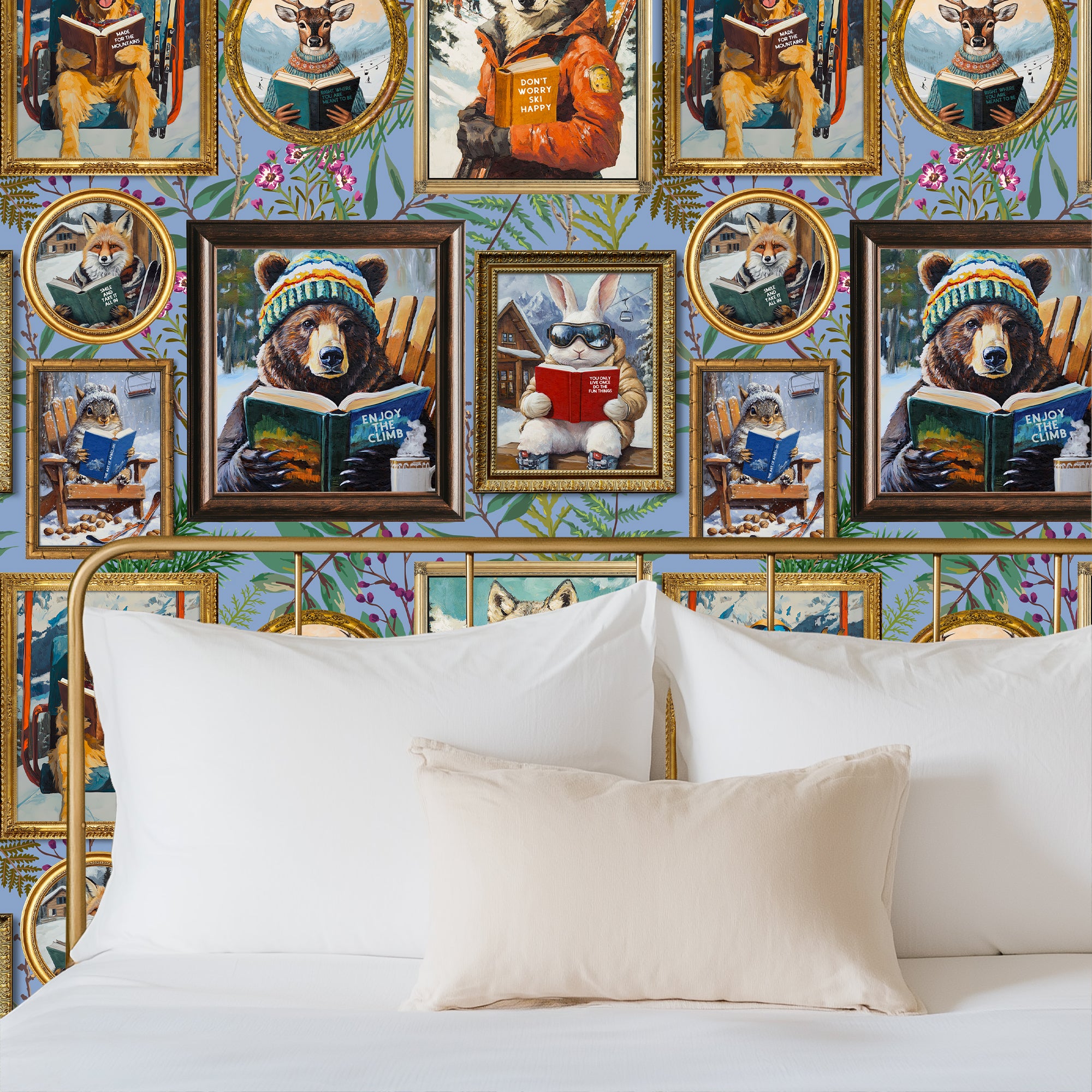 Whimsical Animals Reading Ski Lodge Blue Wallpaper