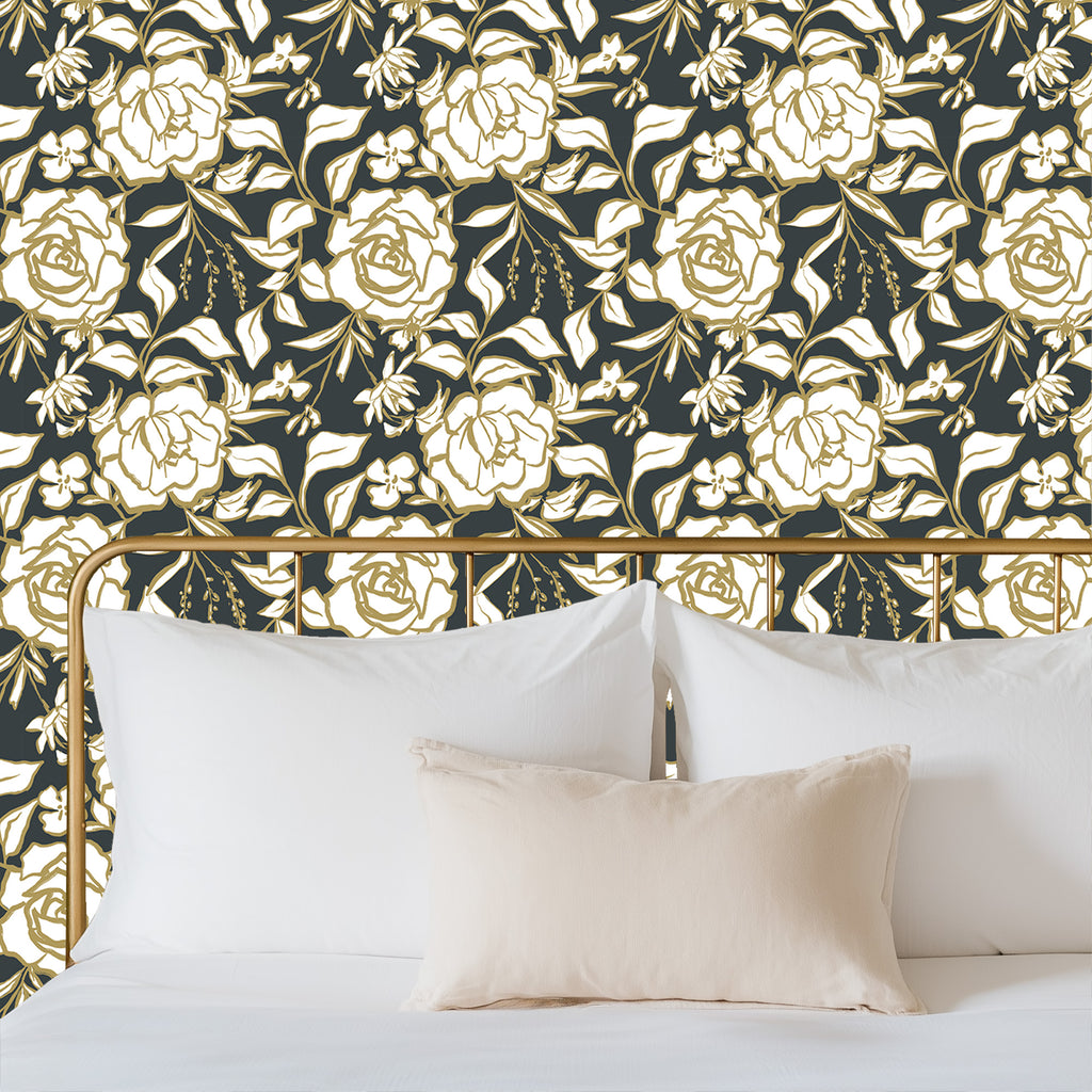 Floral Ink Wallpaper in Dark Gray and Muted Gold - Image 2 by RebelMod