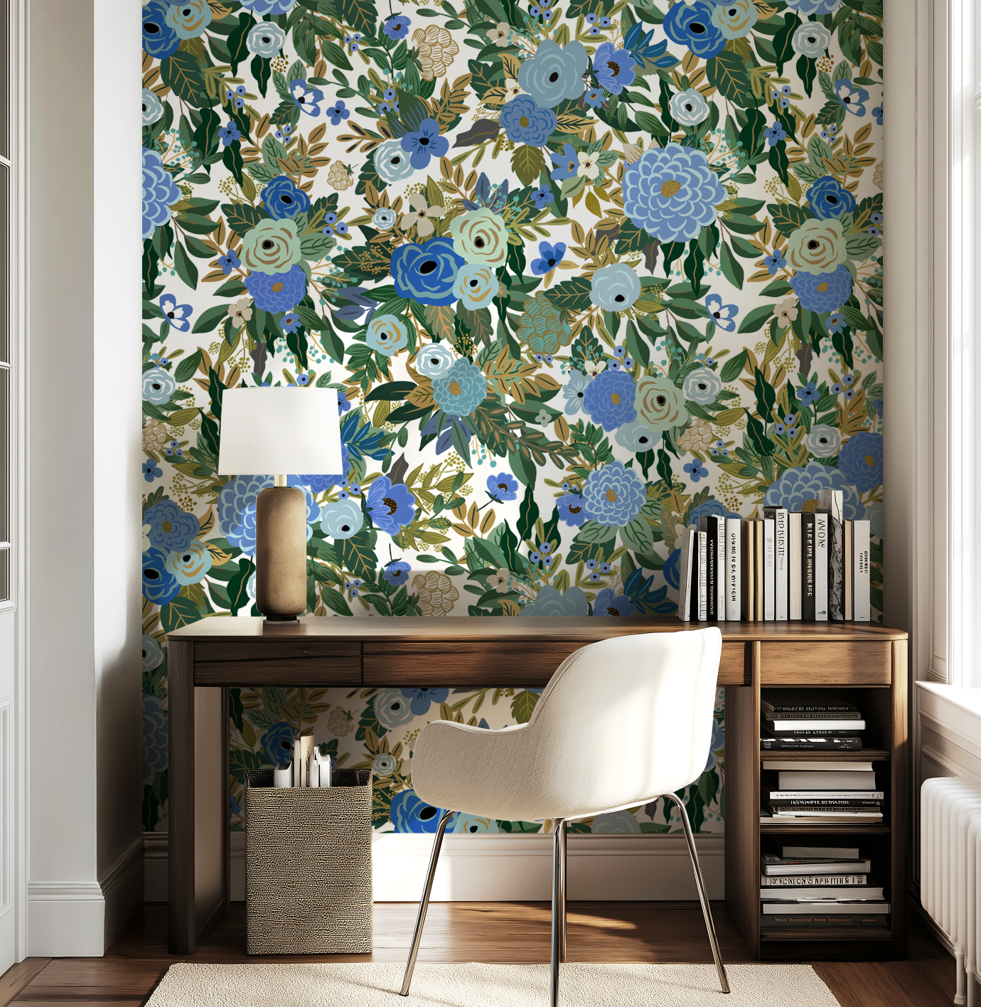 Elegant Hand-Drawn Blue Floral Wallpaper