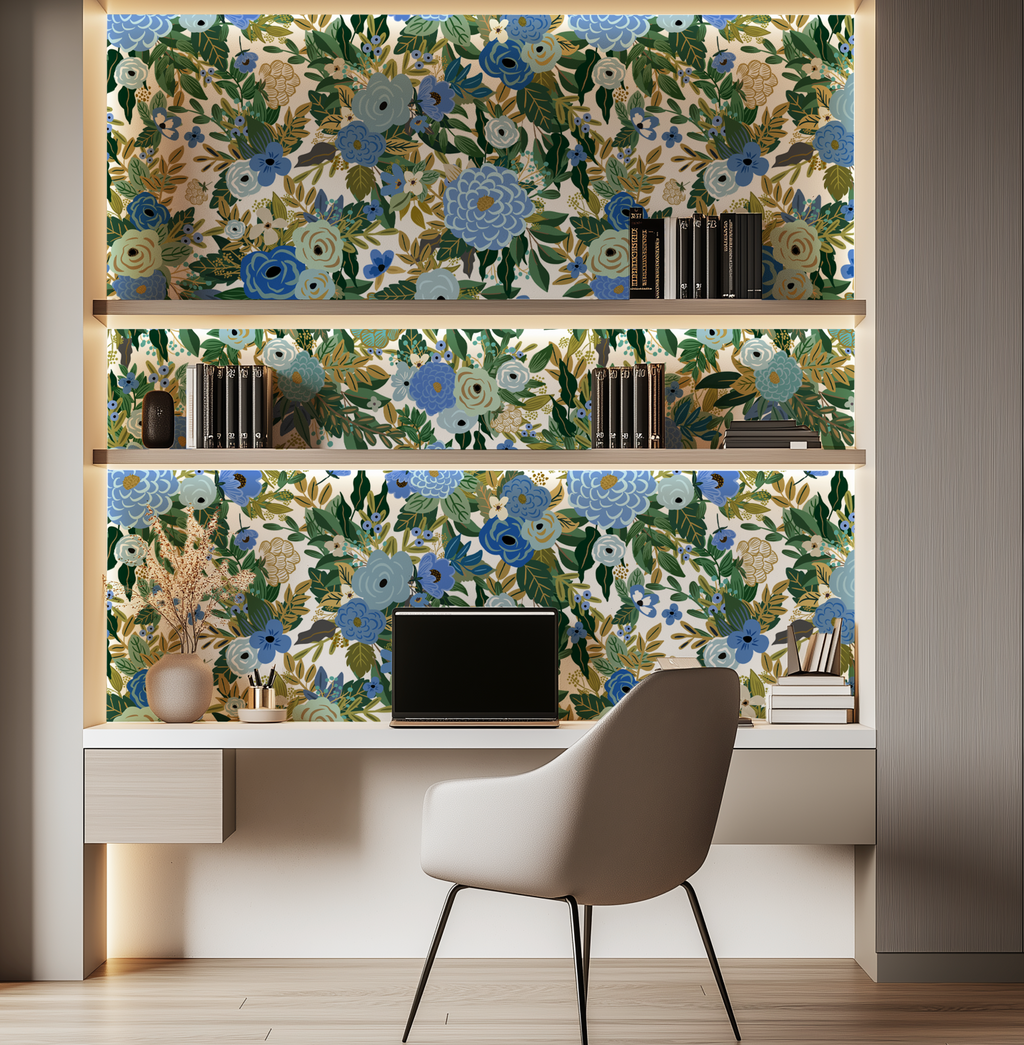 Elegant Hand-Drawn Blue Floral Wallpaper