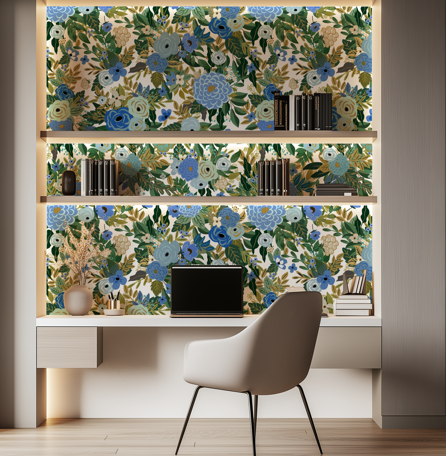 Elegant Hand-Drawn Blue Floral Wallpaper