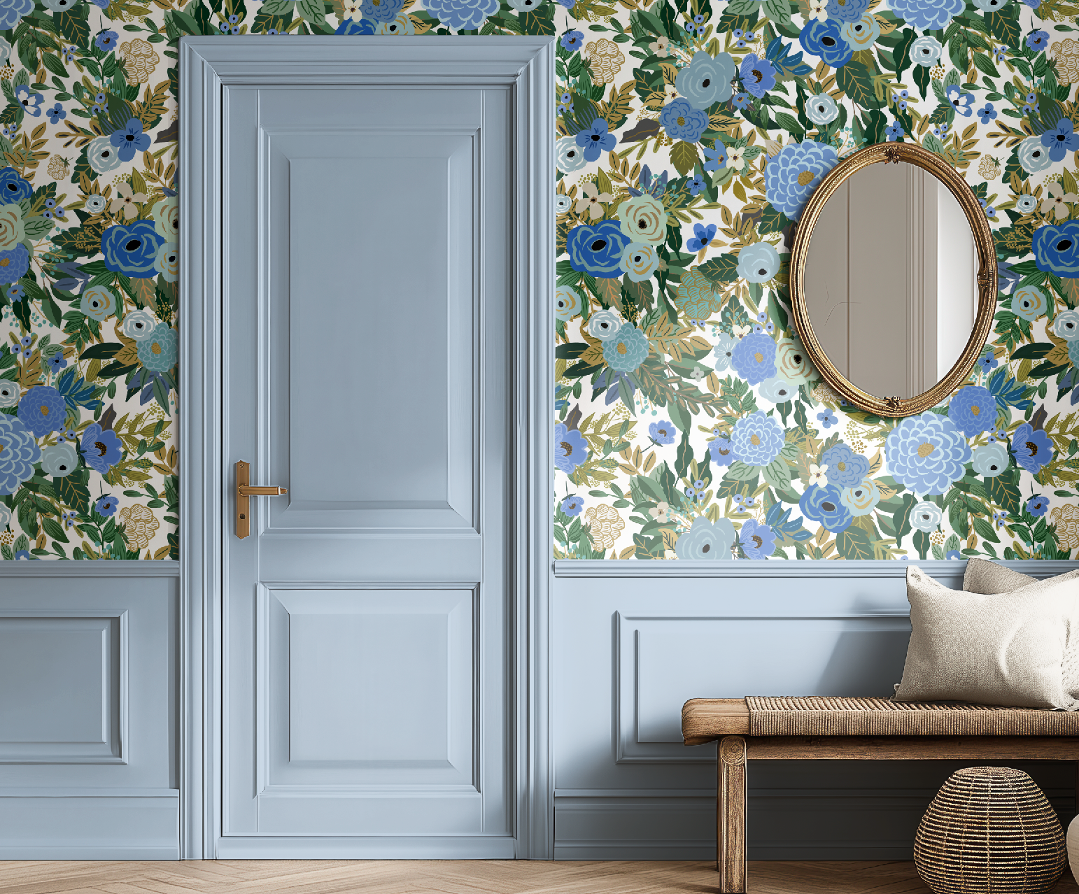 Elegant Hand-Drawn Blue Floral Wallpaper