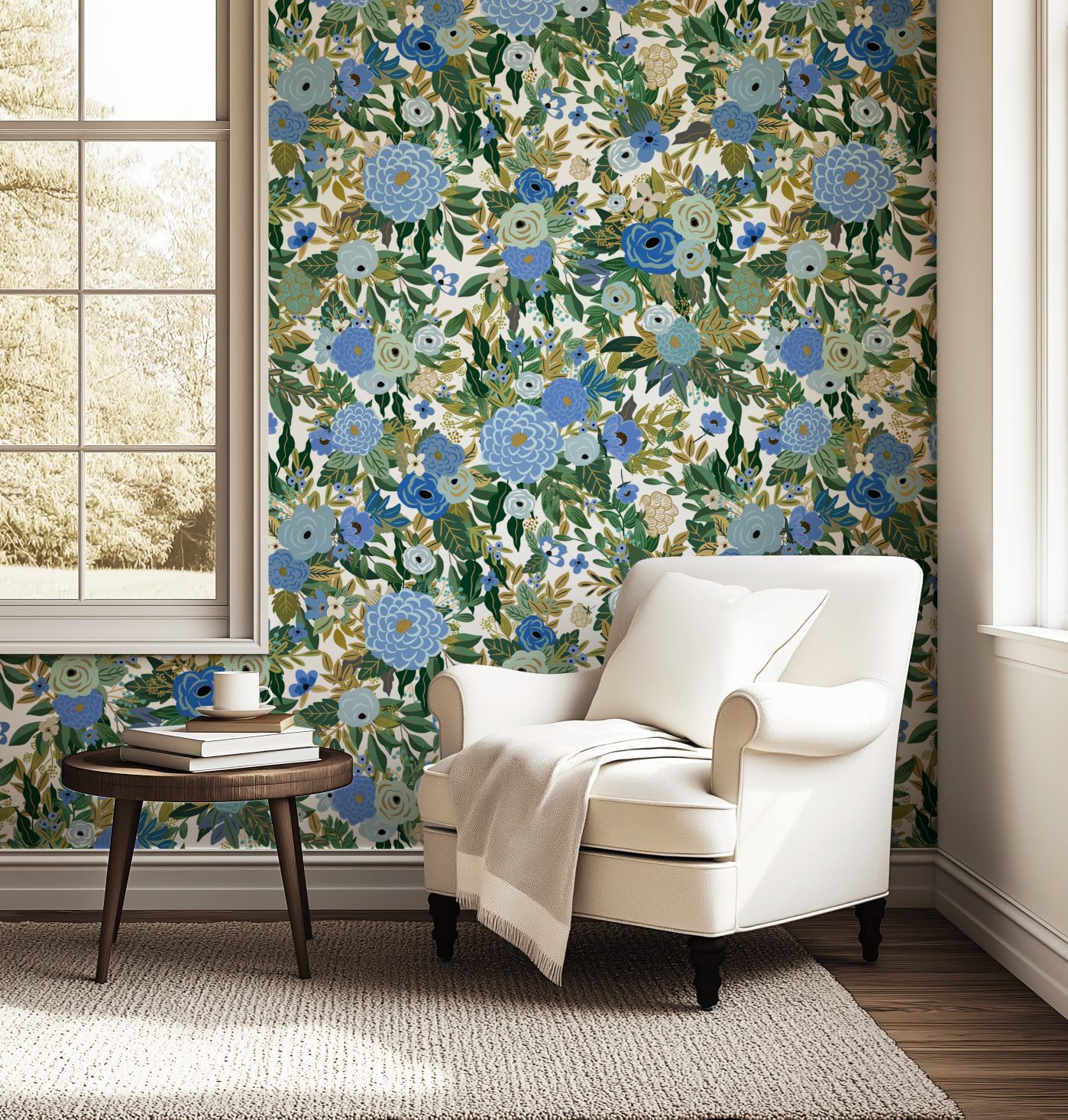 Elegant Hand-Drawn Blue Floral Wallpaper