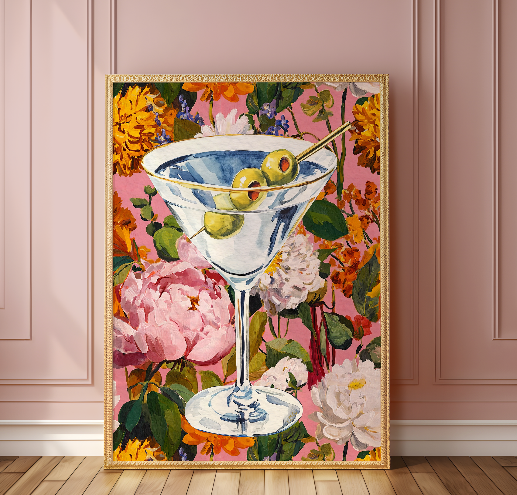 Elegant Floral Dirty Martini Art Print: Feminine Bar Cart Decor, Cocktail Illustration Poster