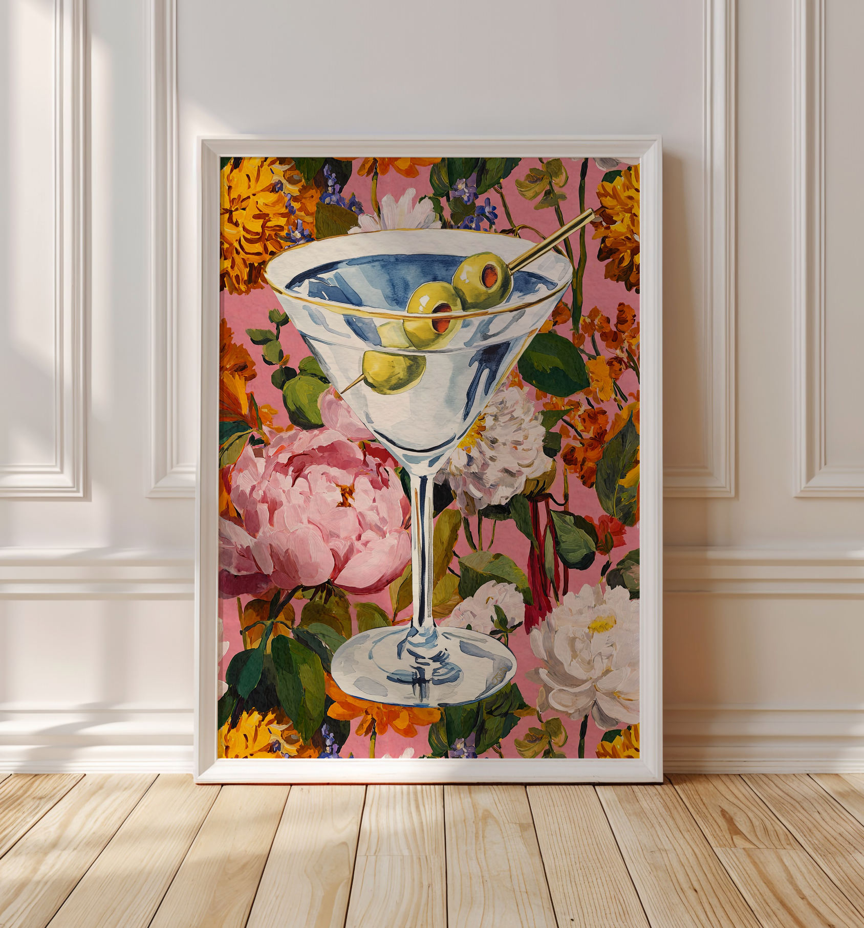 Elegant Floral Dirty Martini Art Print: Feminine Bar Cart Decor, Cocktail Illustration Poster