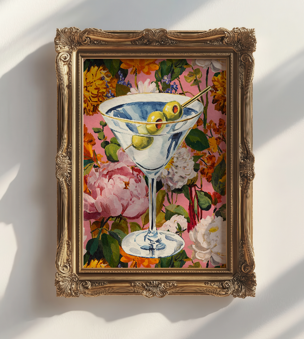 Elegant Floral Dirty Martini Art Print: Feminine Bar Cart Decor, Cocktail Illustration Poster