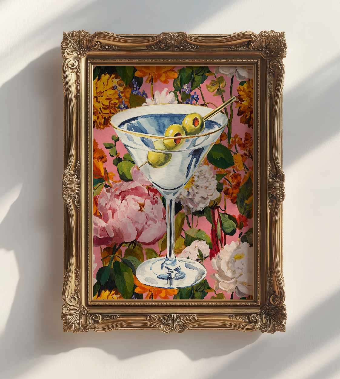 Elegant Floral Dirty Martini Art Print: Feminine Bar Cart Decor, Cocktail Illustration Poster
