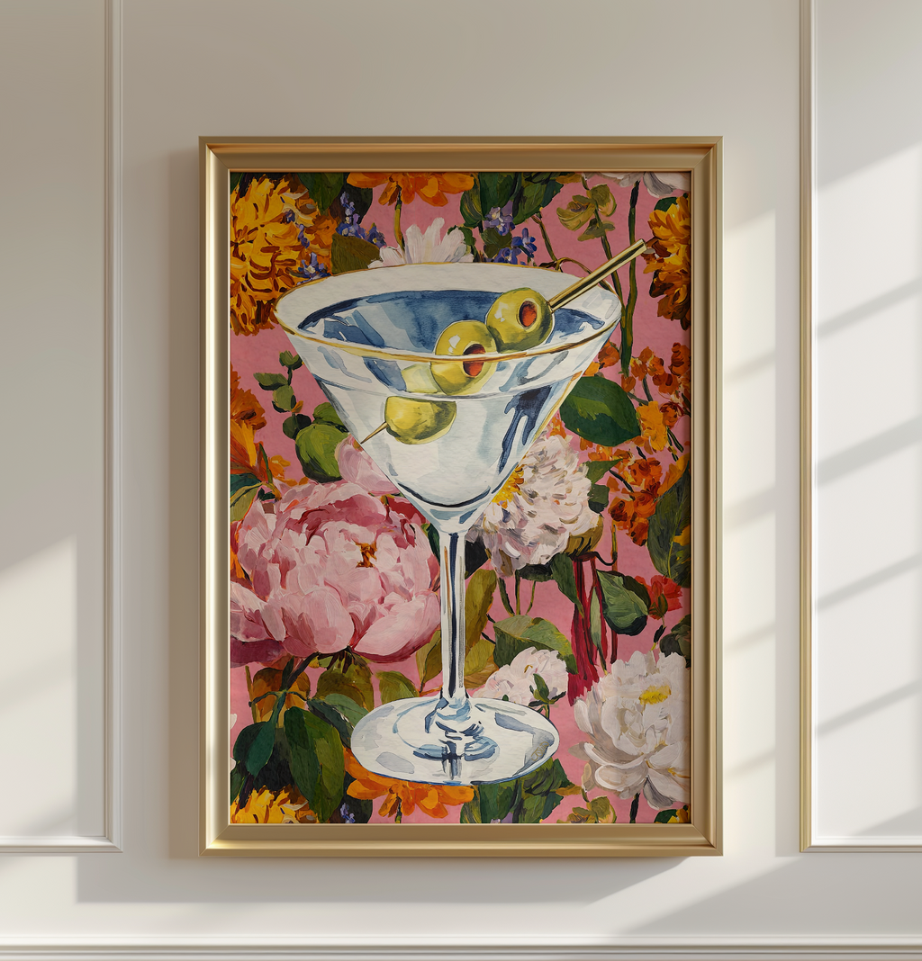 Elegant Floral Dirty Martini Art Print: Feminine Bar Cart Decor, Cocktail Illustration Poster