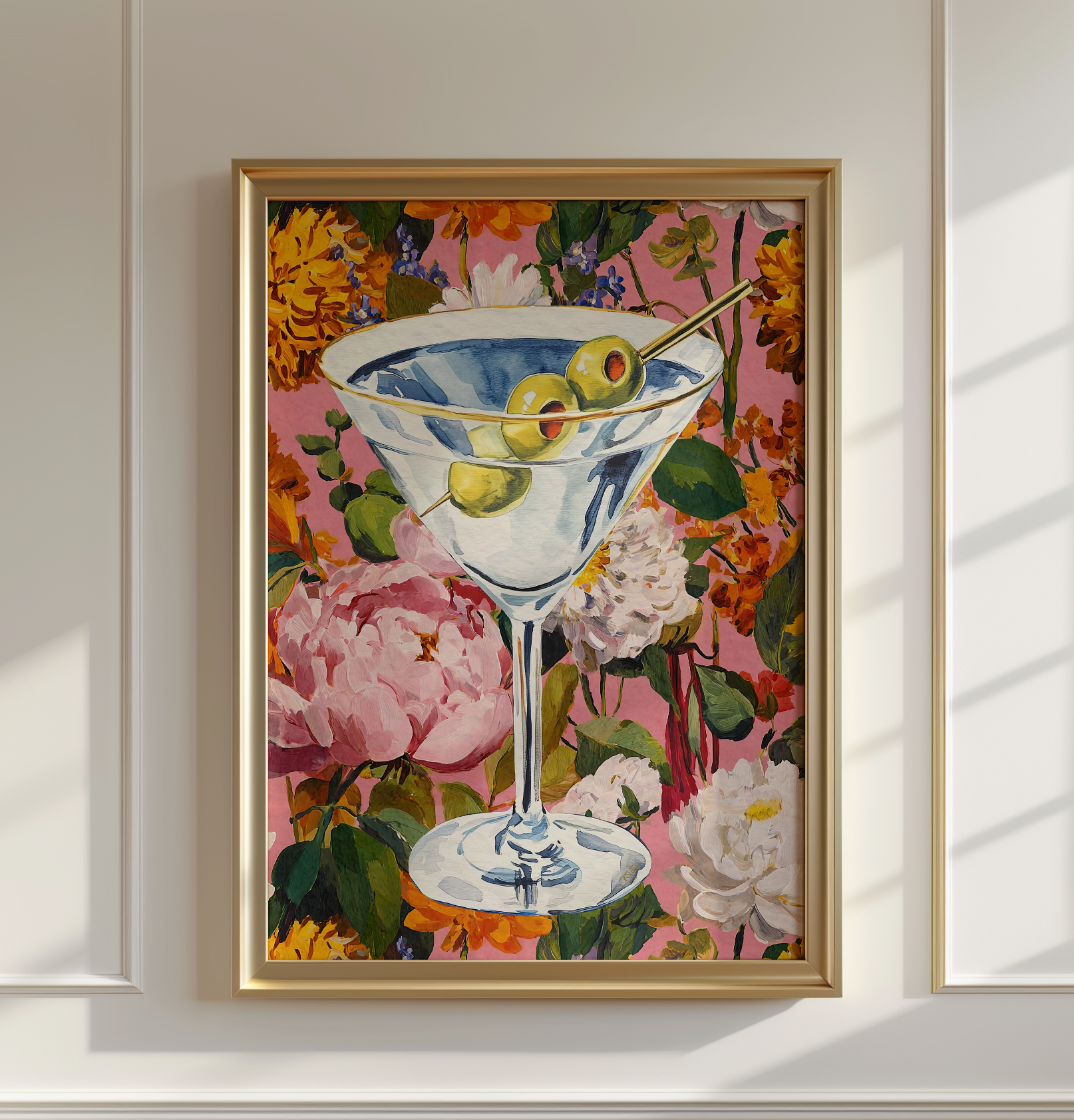 Elegant Floral Dirty Martini Art Print: Feminine Bar Cart Decor, Cocktail Illustration Poster