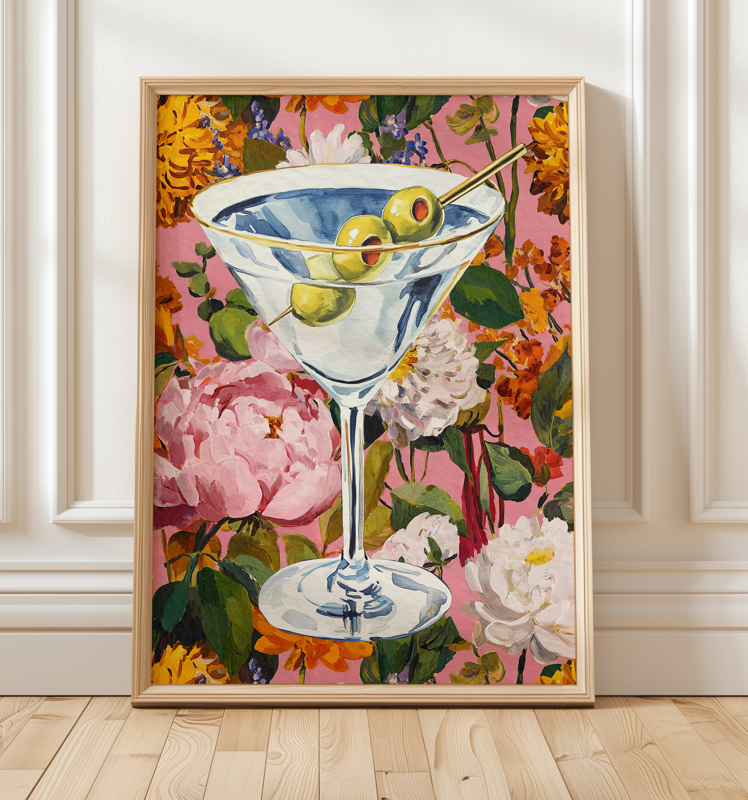 Elegant Floral Dirty Martini Art Print: Feminine Bar Cart Decor, Cocktail Illustration Poster