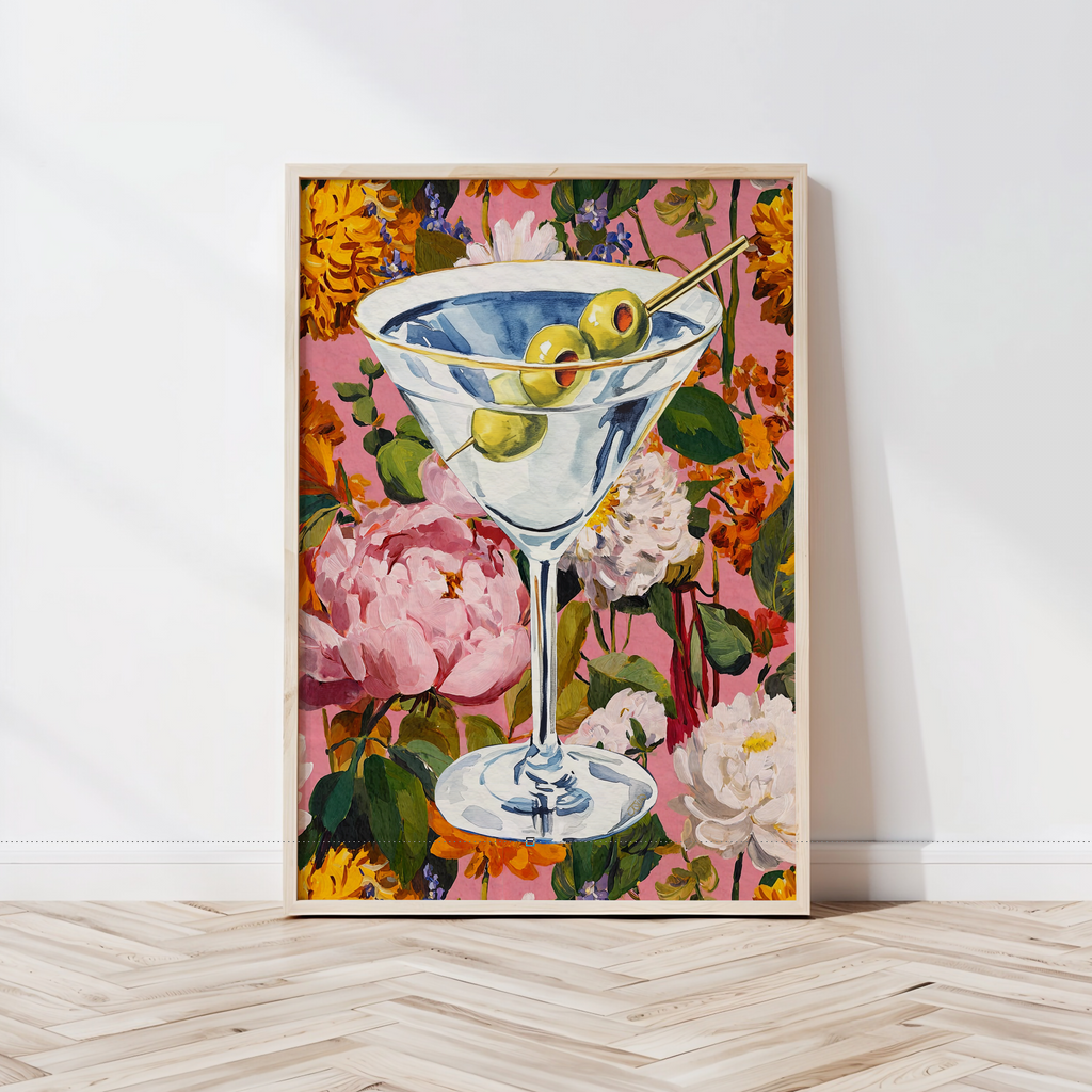 Elegant Floral Dirty Martini Art Print: Feminine Bar Cart Decor, Cocktail Illustration Poster