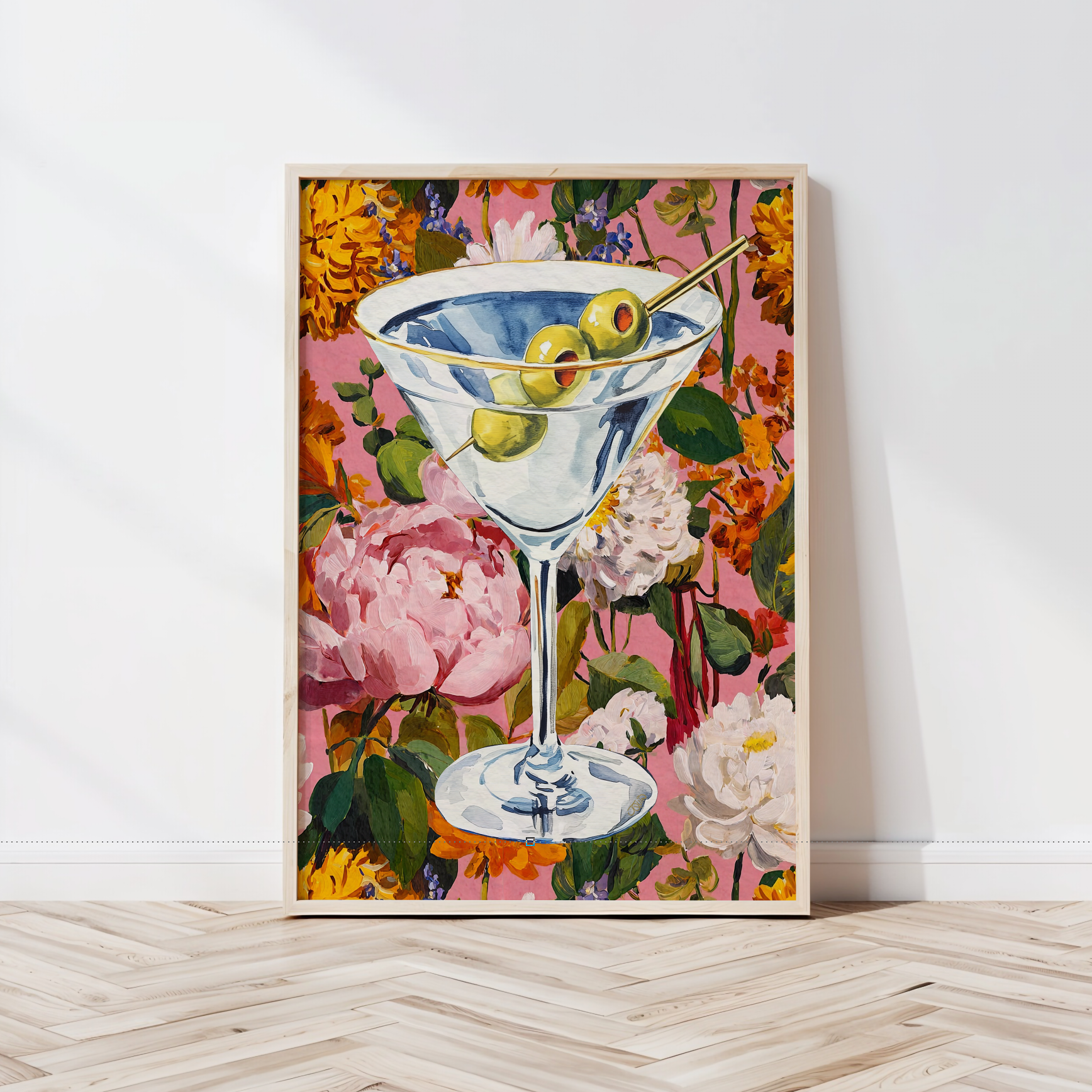 Elegant Floral Dirty Martini Art Print: Feminine Bar Cart Decor, Cocktail Illustration Poster