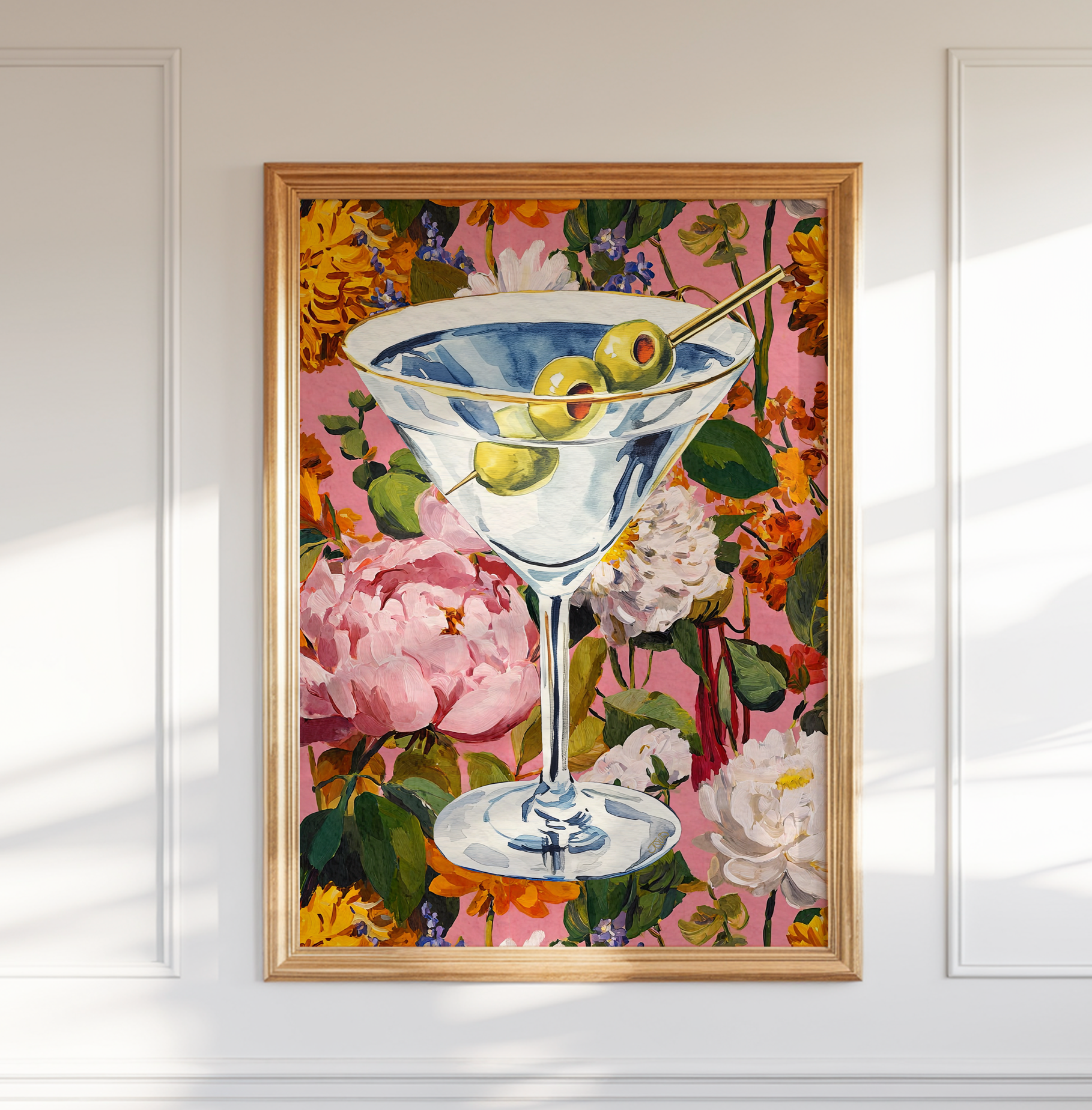 Elegant Floral Dirty Martini Art Print: Feminine Bar Cart Decor, Cocktail Illustration Poster