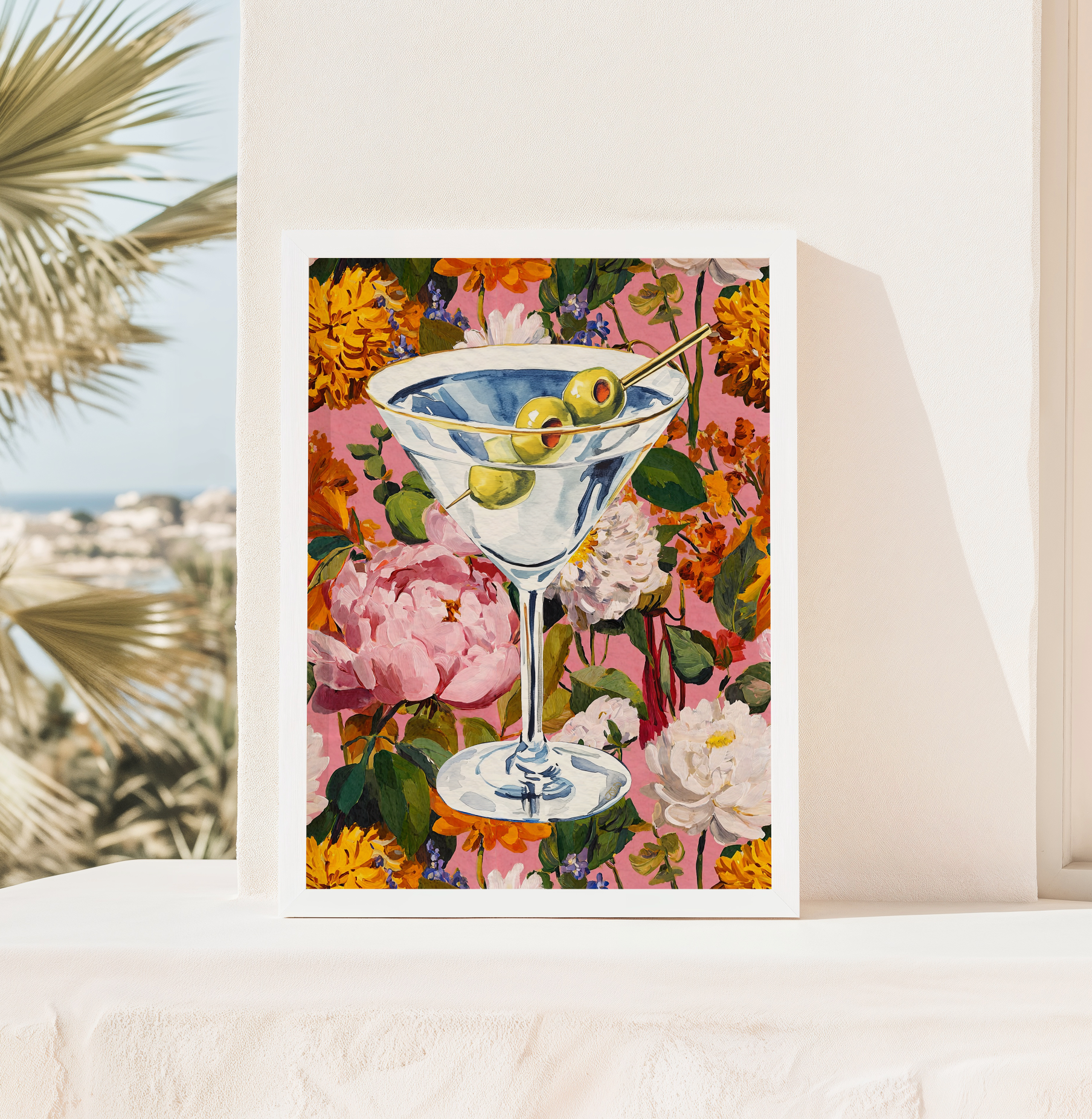 Elegant Floral Dirty Martini Art Print: Feminine Bar Cart Decor, Cocktail Illustration Poster