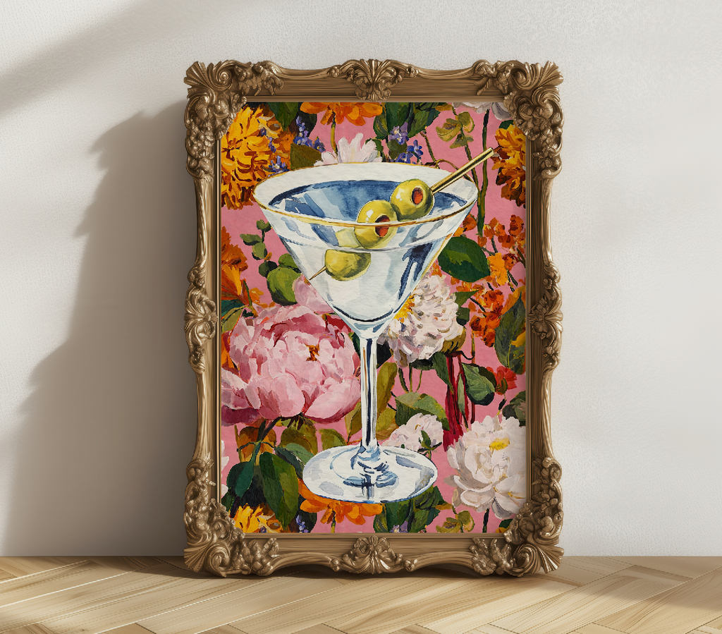 Elegant Floral Dirty Martini Art Print: Feminine Bar Cart Decor, Cocktail Illustration Poster