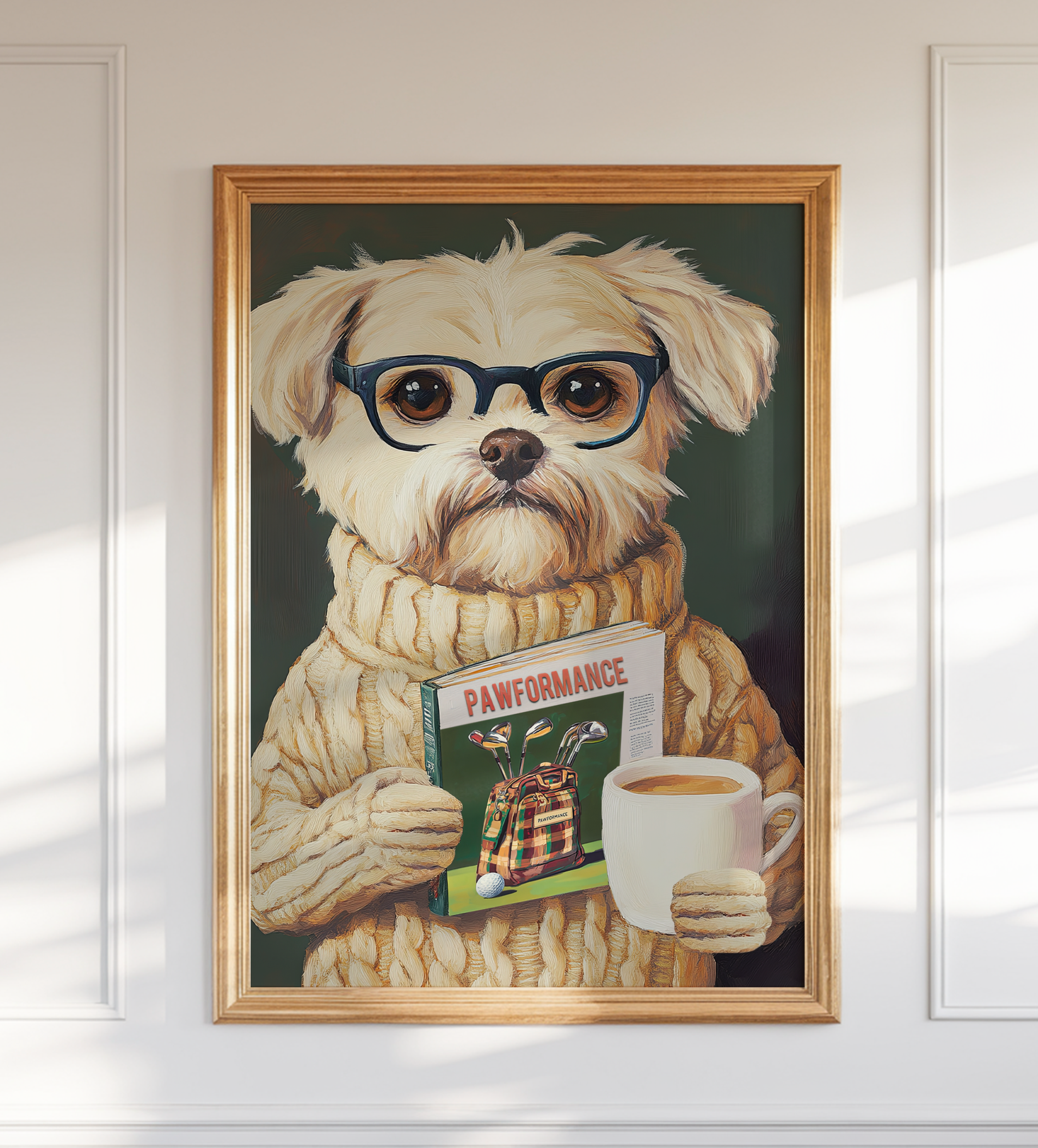 Funny Dog Reading Golf Magazine Art Print – Cute Dog Golf Decor, Animal Book Art, Golf Lover Gift, Quirky Pet Wall Decor
