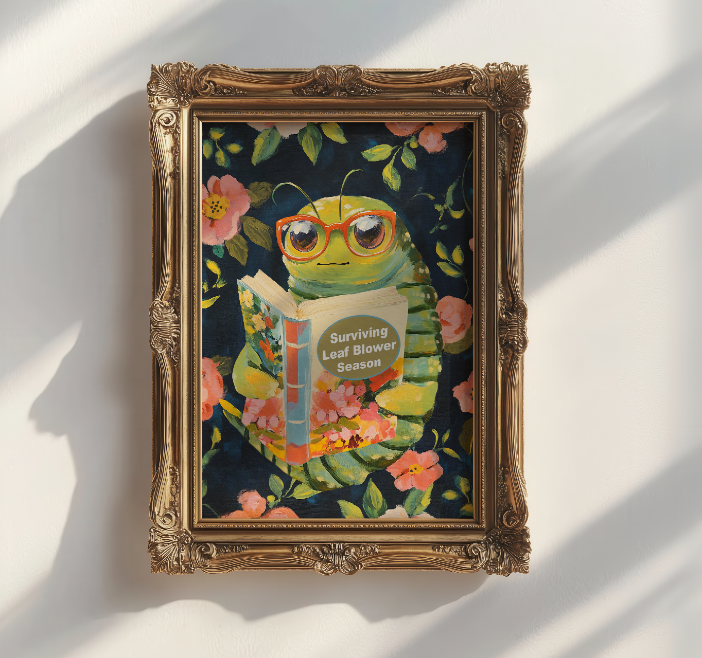 Whimsical Bookworm Art Print: Leaf Blower Season Poster for Introverts, Cozy Readers, and Book Lovers