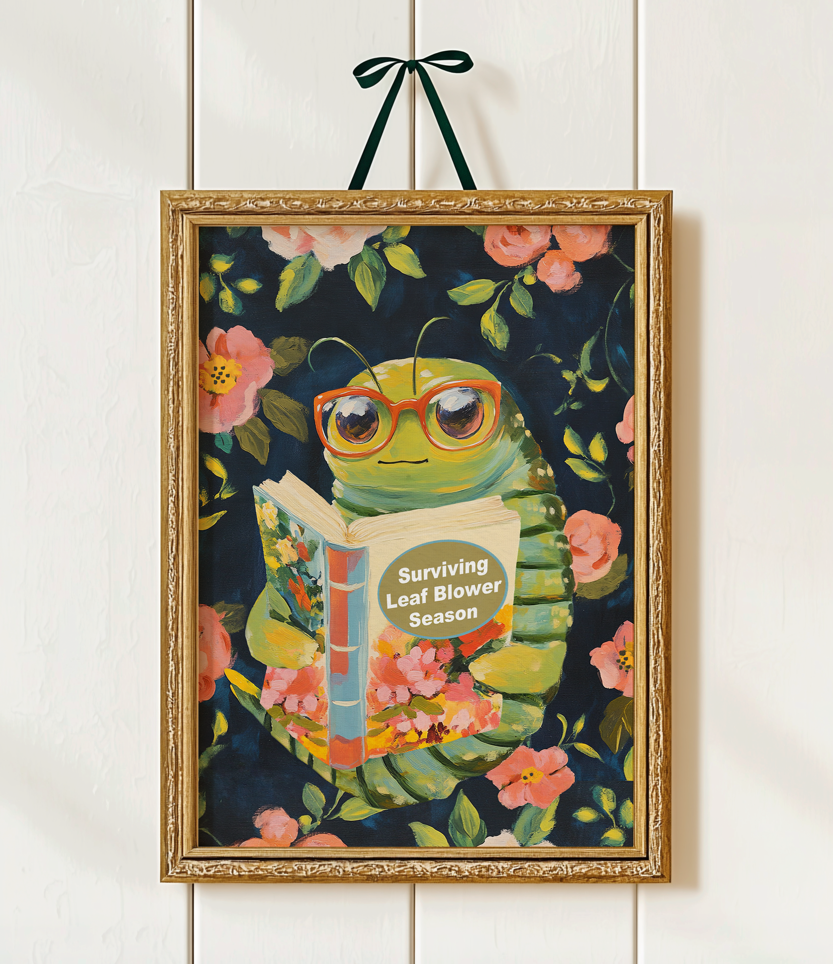 Whimsical Bookworm Art Print: Leaf Blower Season Poster for Introverts, Cozy Readers, and Book Lovers
