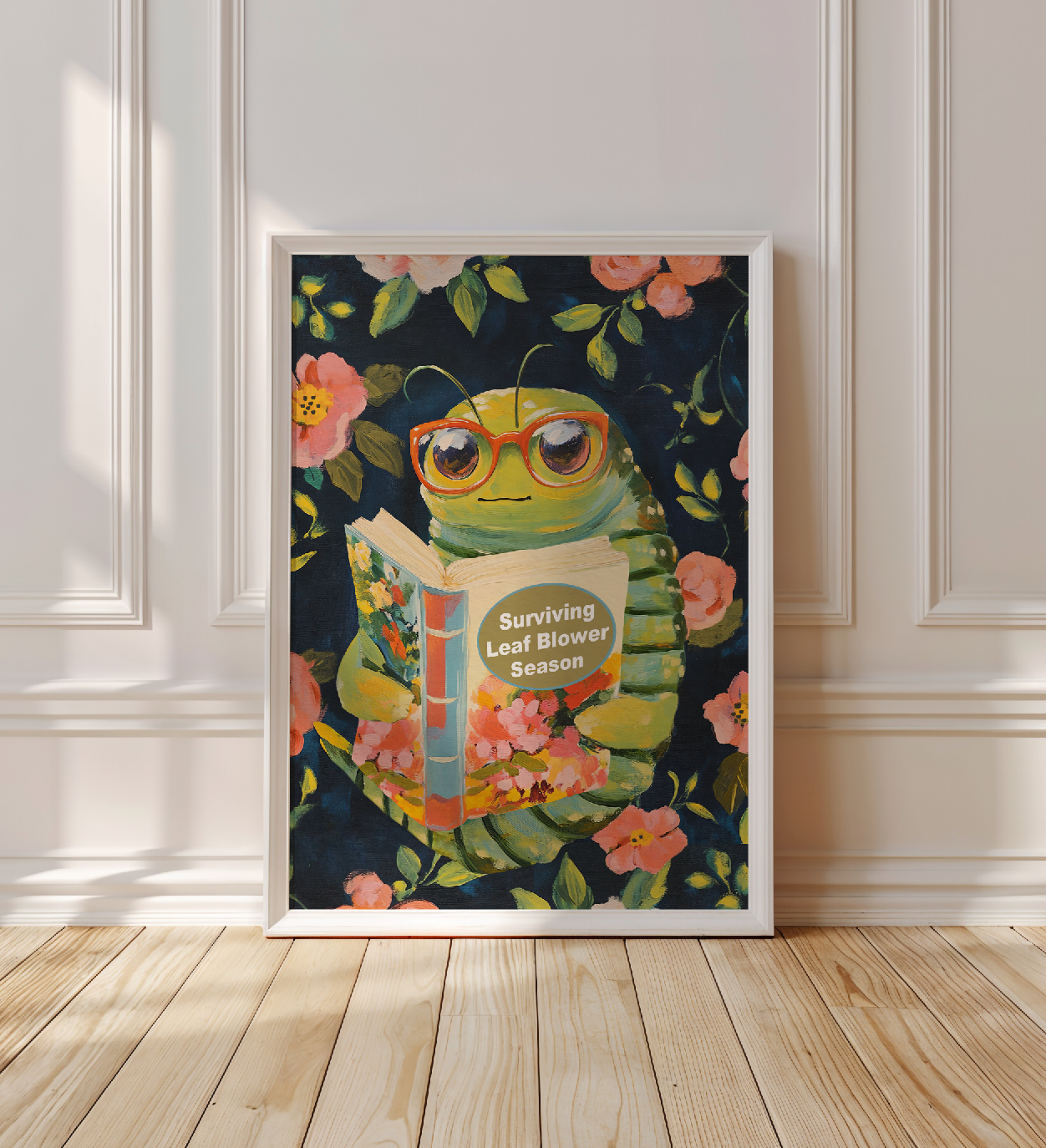 Whimsical Bookworm Art Print: Leaf Blower Season Poster for Introverts, Cozy Readers, and Book Lovers