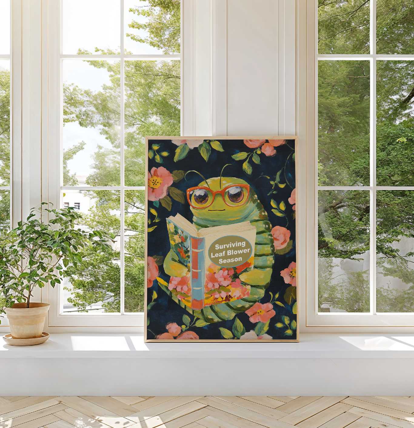Whimsical Bookworm Art Print: Leaf Blower Season Poster for Introverts, Cozy Readers, and Book Lovers
