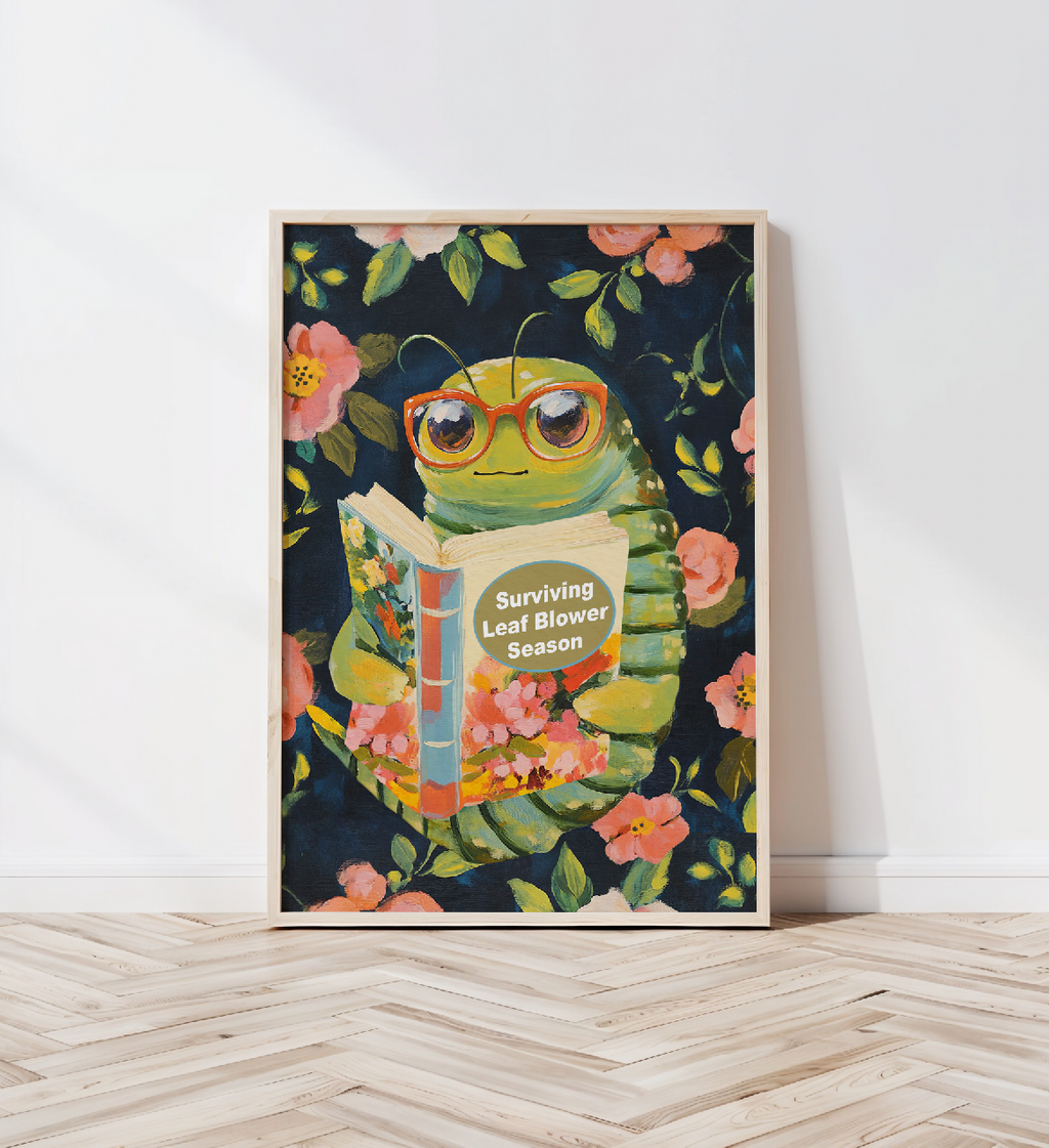 Whimsical Bookworm Art Print: Leaf Blower Season Poster for Introverts, Cozy Readers, and Book Lovers