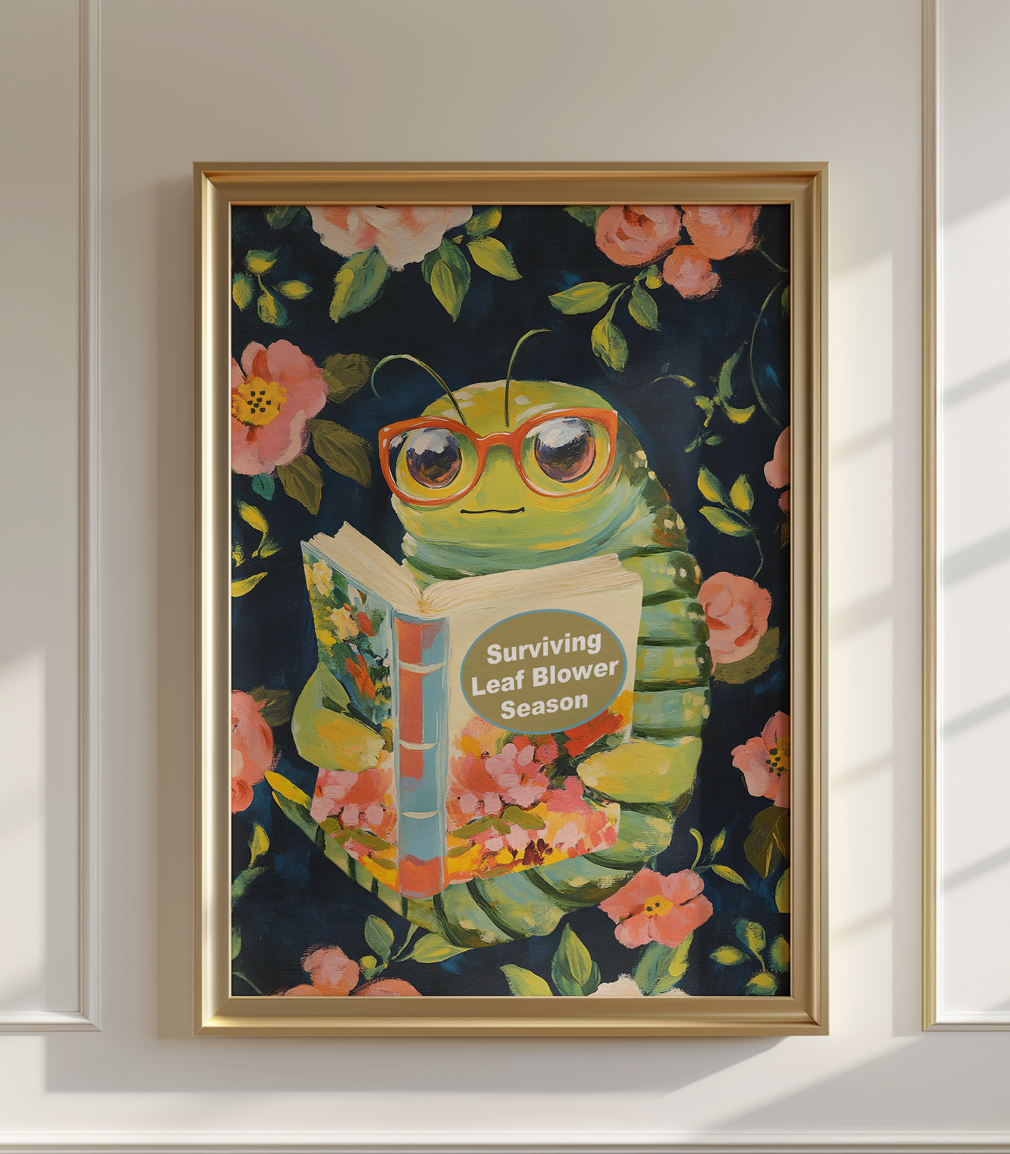Whimsical Bookworm Art Print: Leaf Blower Season Poster for Introverts, Cozy Readers, and Book Lovers