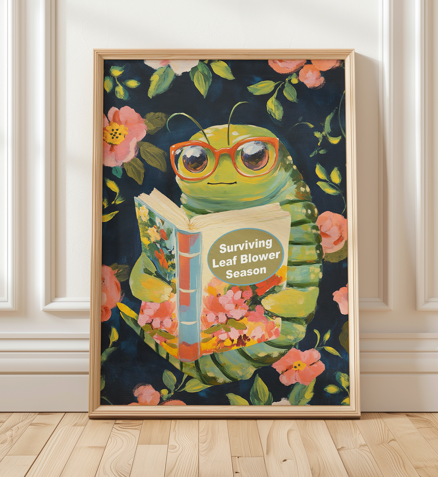Whimsical Bookworm Art Print: Leaf Blower Season Poster for Introverts, Cozy Readers, and Book Lovers