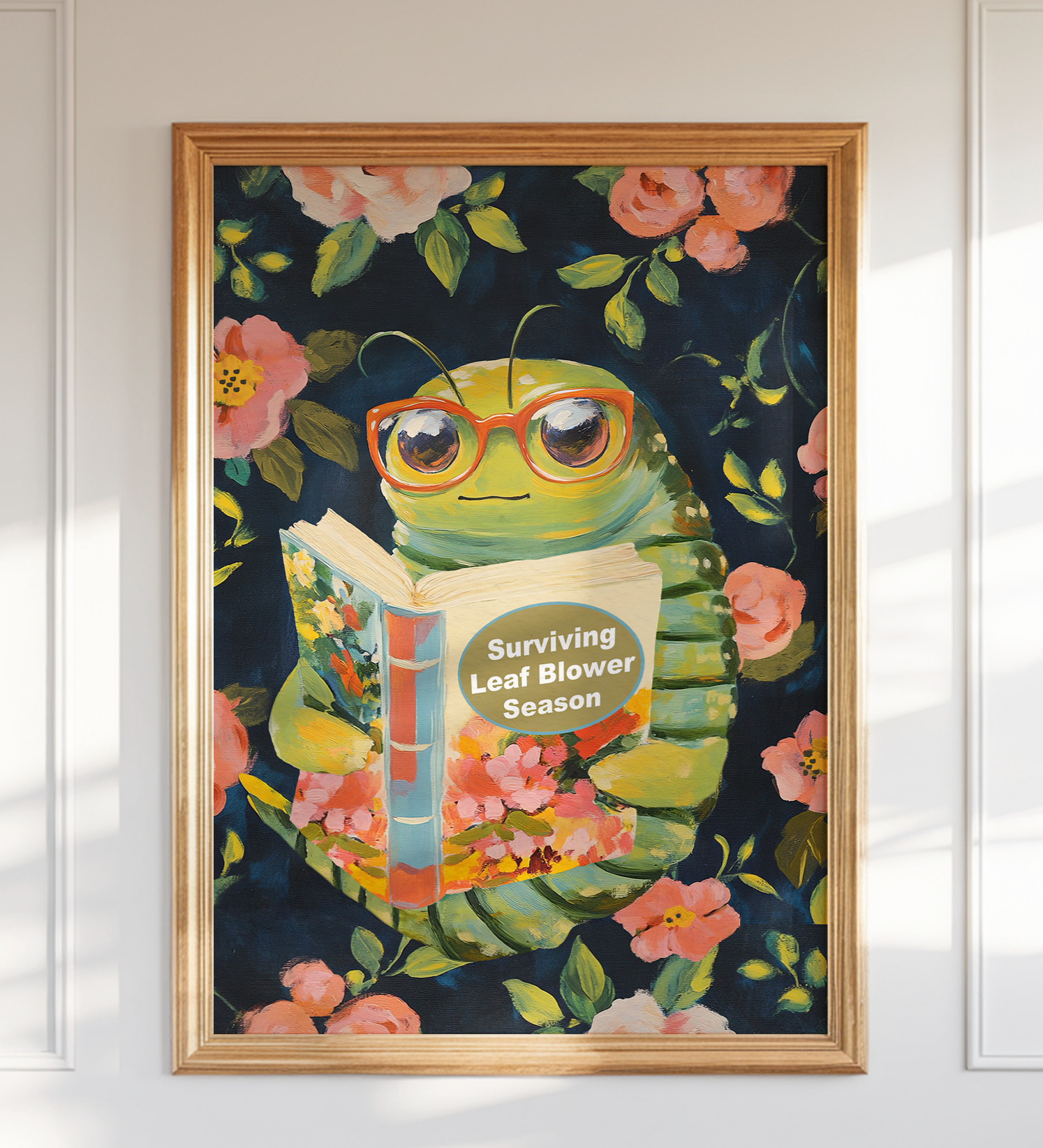 Whimsical Bookworm Art Print: Leaf Blower Season Poster for Introverts, Cozy Readers, and Book Lovers