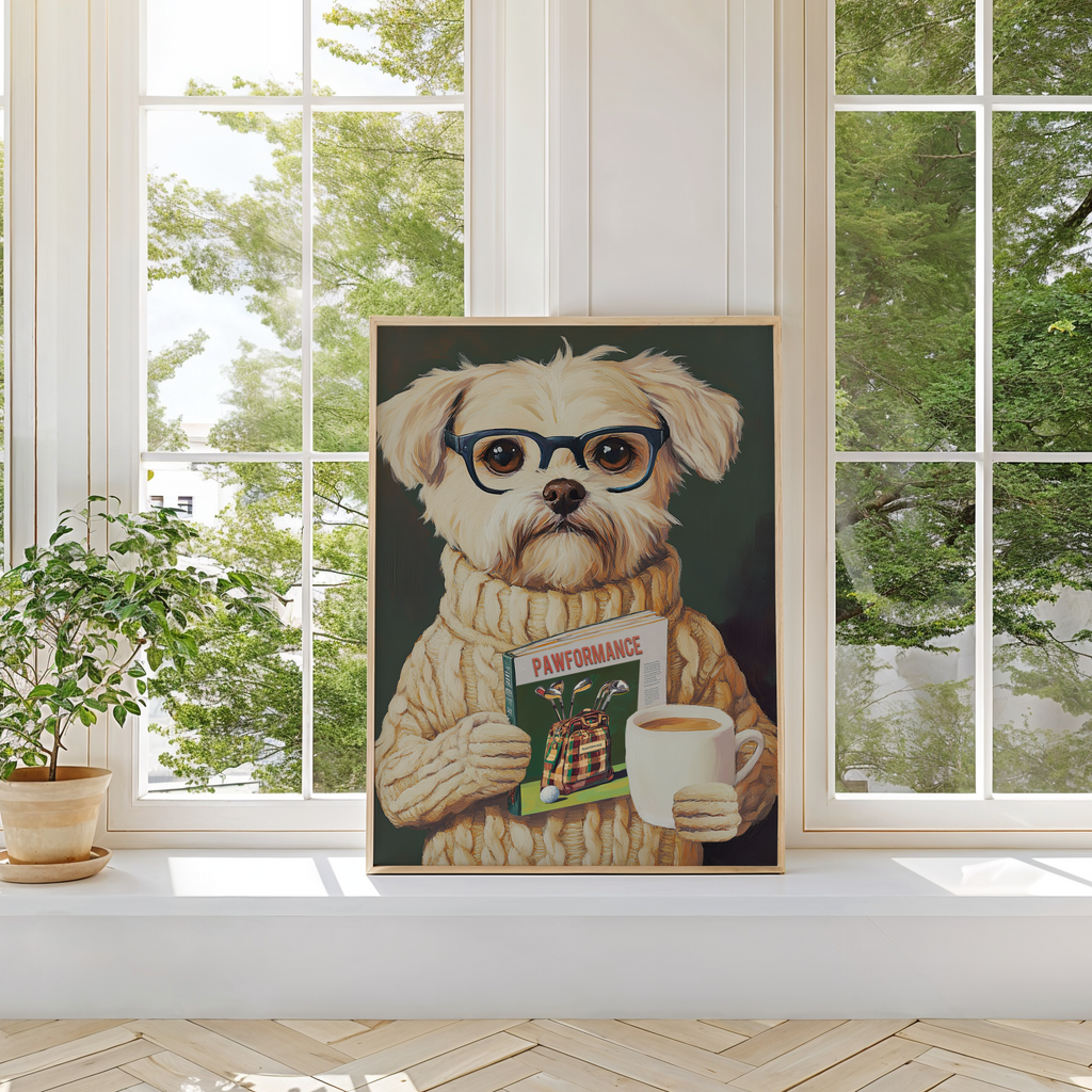 Funny Dog Reading Golf Magazine Art Print – Cute Dog Golf Decor, Animal Book Art, Golf Lover Gift, Quirky Pet Wall Decor