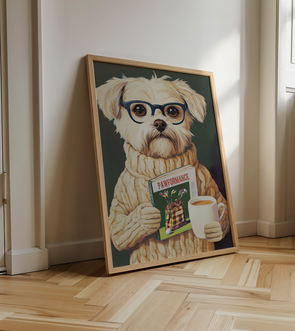 Funny Dog Reading Golf Magazine Art Print – Cute Dog Golf Decor, Animal Book Art, Golf Lover Gift, Quirky Pet Wall Decor