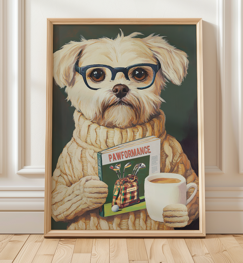 Funny Dog Reading Golf Magazine Art Print – Cute Dog Golf Decor, Animal Book Art, Golf Lover Gift, Quirky Pet Wall Decor