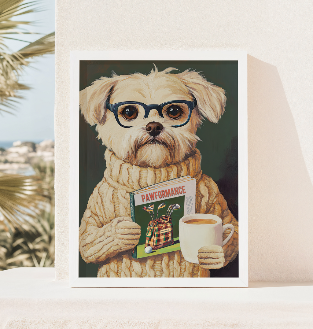 Funny Dog Reading Golf Magazine Art Print – Cute Dog Golf Decor, Animal Book Art, Golf Lover Gift, Quirky Pet Wall Decor