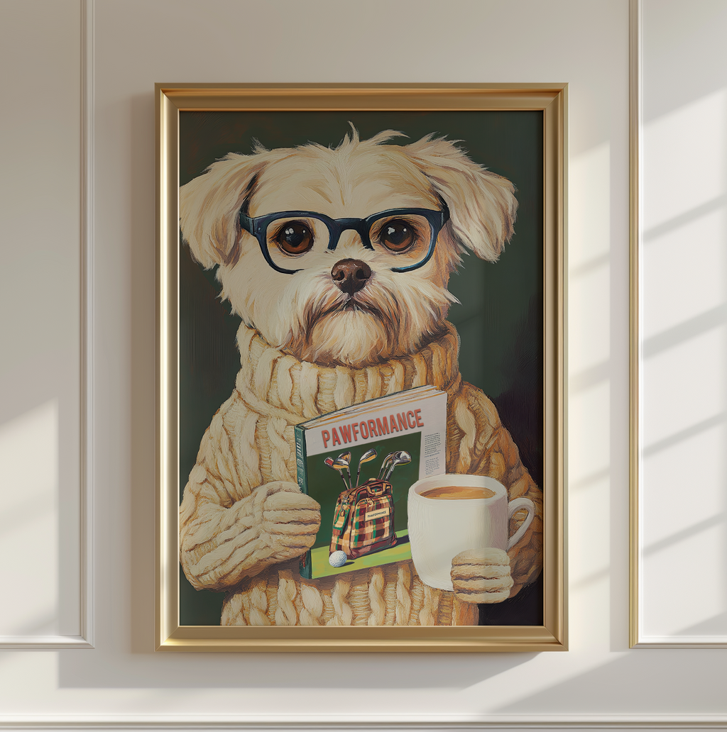 Funny Dog Reading Golf Magazine Art Print – Cute Dog Golf Decor, Animal Book Art, Golf Lover Gift, Quirky Pet Wall Decor