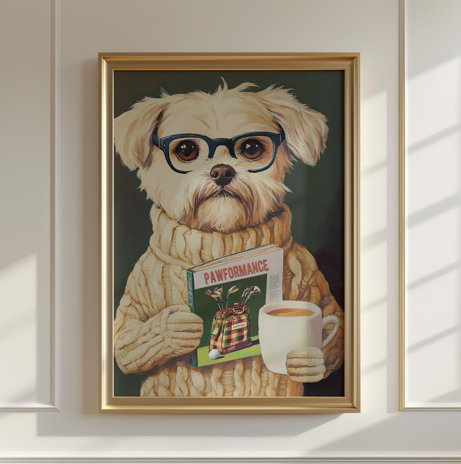 Funny Dog Reading Golf Magazine Art Print – Cute Dog Golf Decor, Animal Book Art, Golf Lover Gift, Quirky Pet Wall Decor