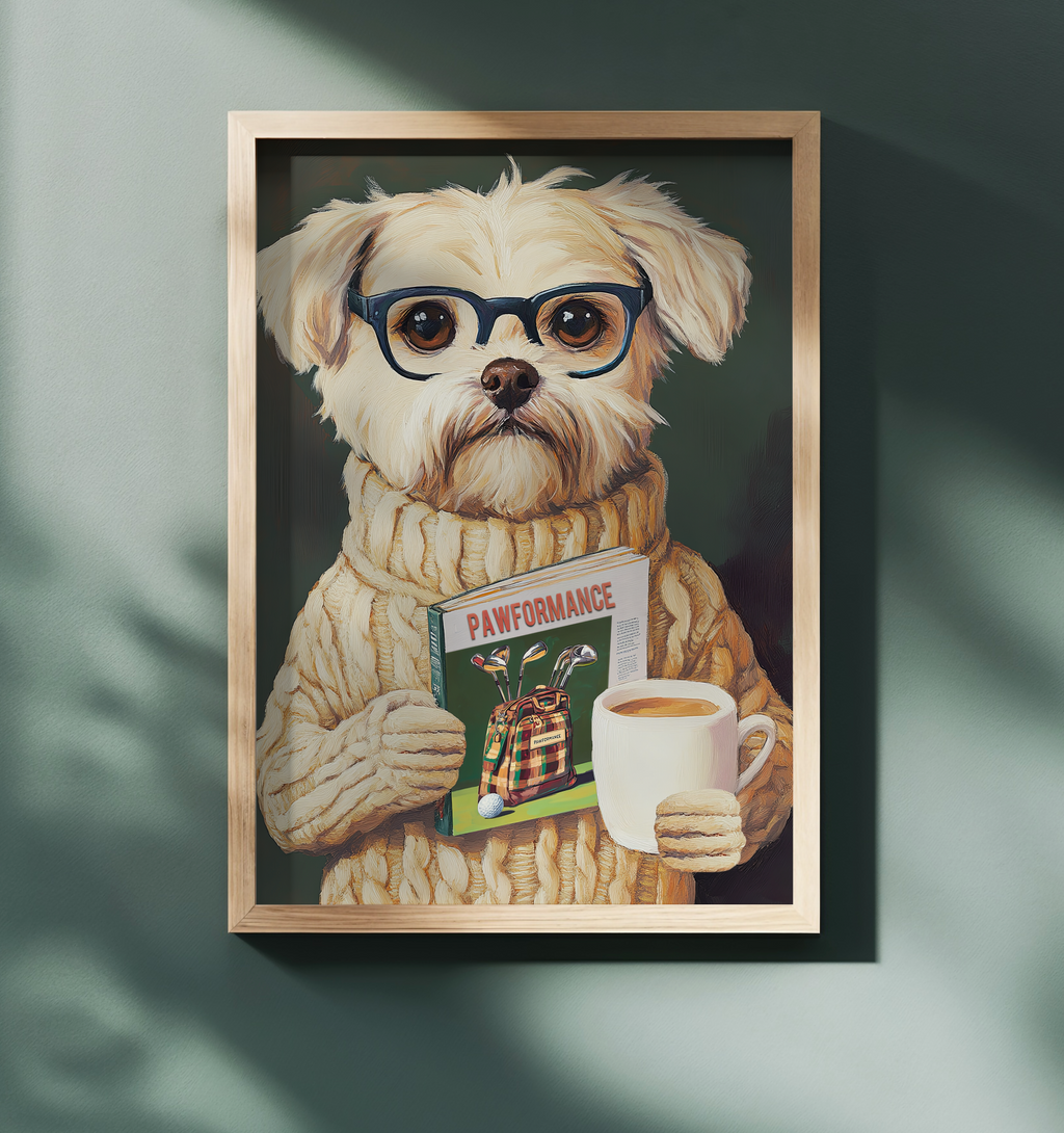 Funny Dog Reading Golf Magazine Art Print – Cute Dog Golf Decor, Animal Book Art, Golf Lover Gift, Quirky Pet Wall Decor