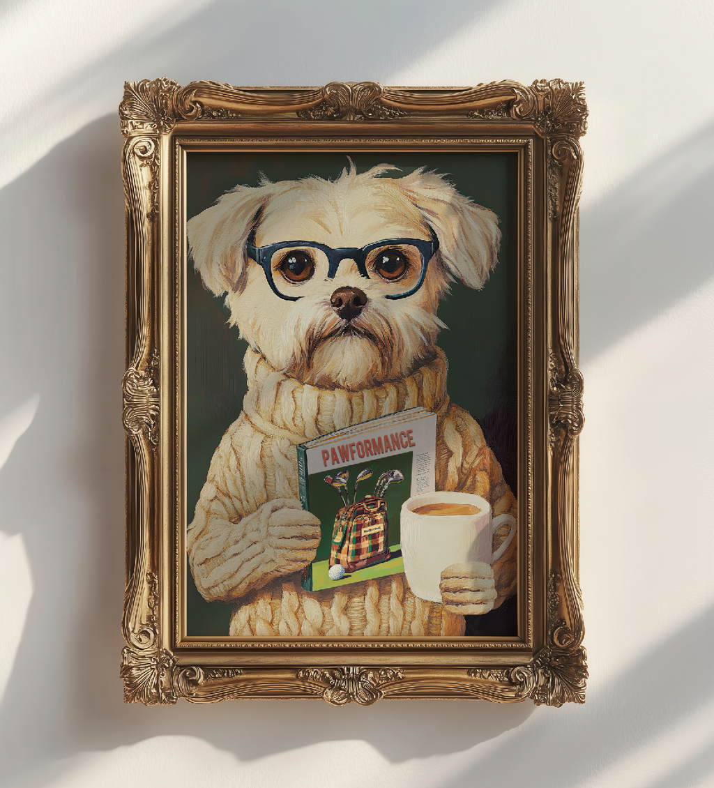 Funny Dog Reading Golf Magazine Art Print – Cute Dog Golf Decor, Animal Book Art, Golf Lover Gift, Quirky Pet Wall Decor