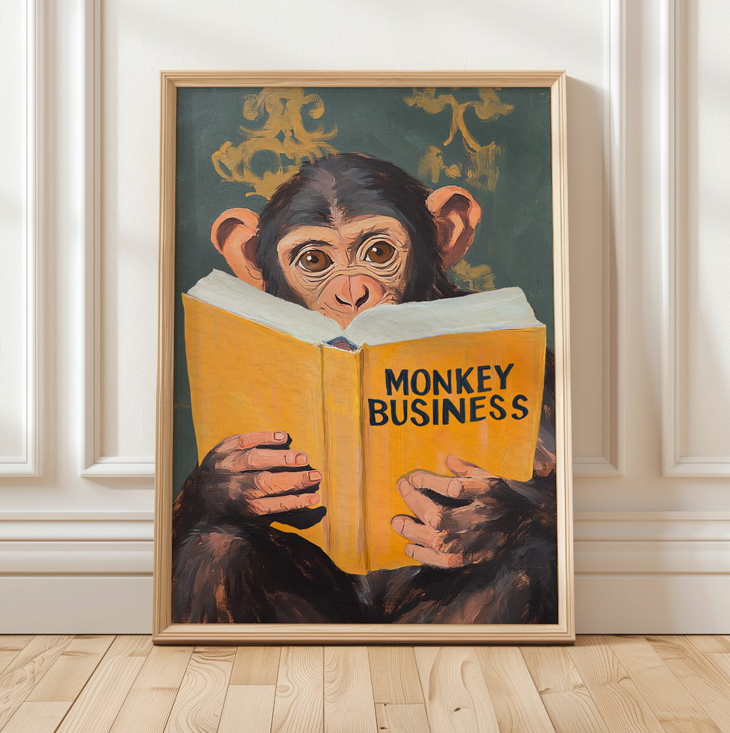 Monkey Business Wall Art – Funny Animal Print, Quirky Monkey Decor, Humor Art, Animal Lover Gift, Playful Wall Art, Jungle Theme Decor