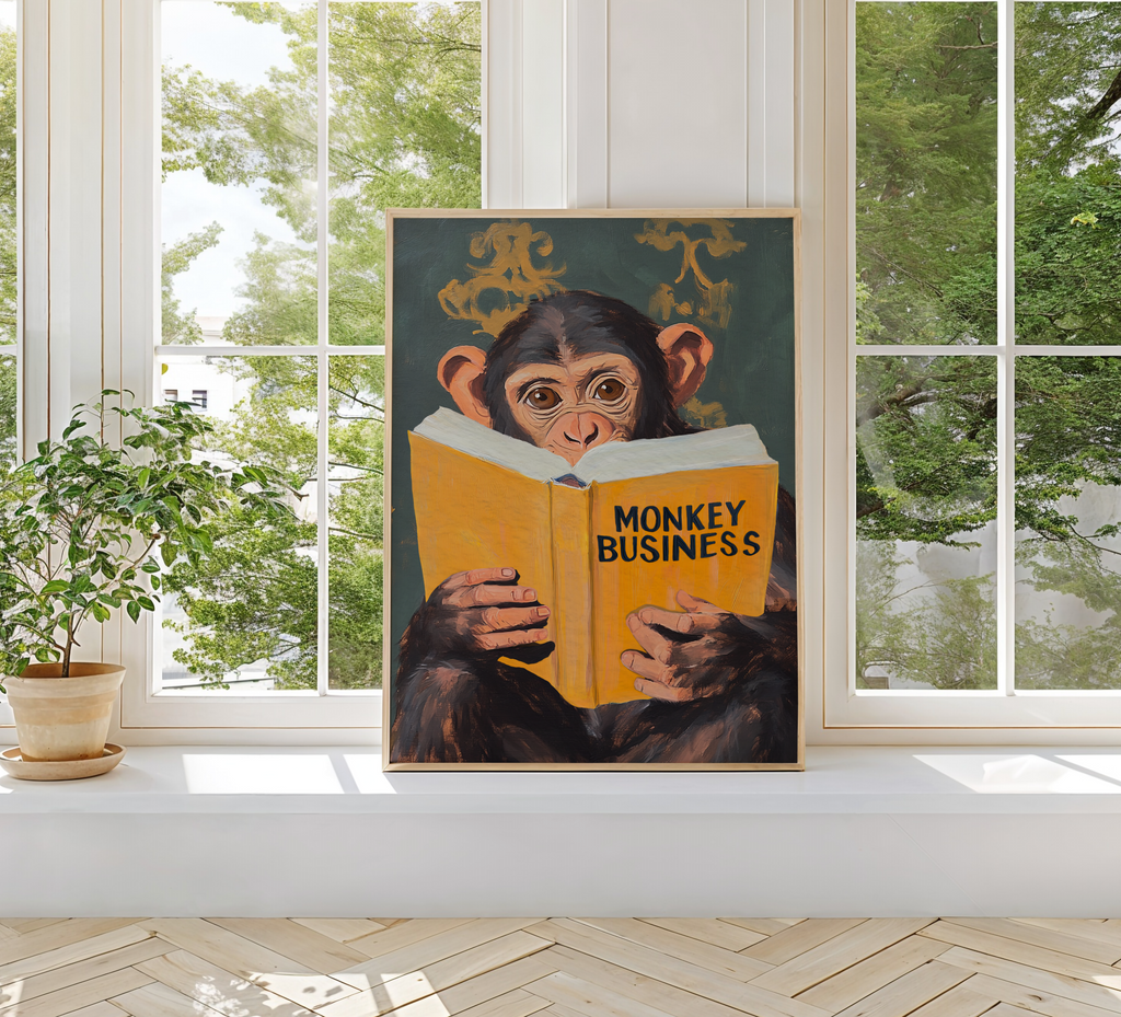 Monkey Business Wall Art – Funny Animal Print, Quirky Monkey Decor, Humor Art, Animal Lover Gift, Playful Wall Art, Jungle Theme Decor