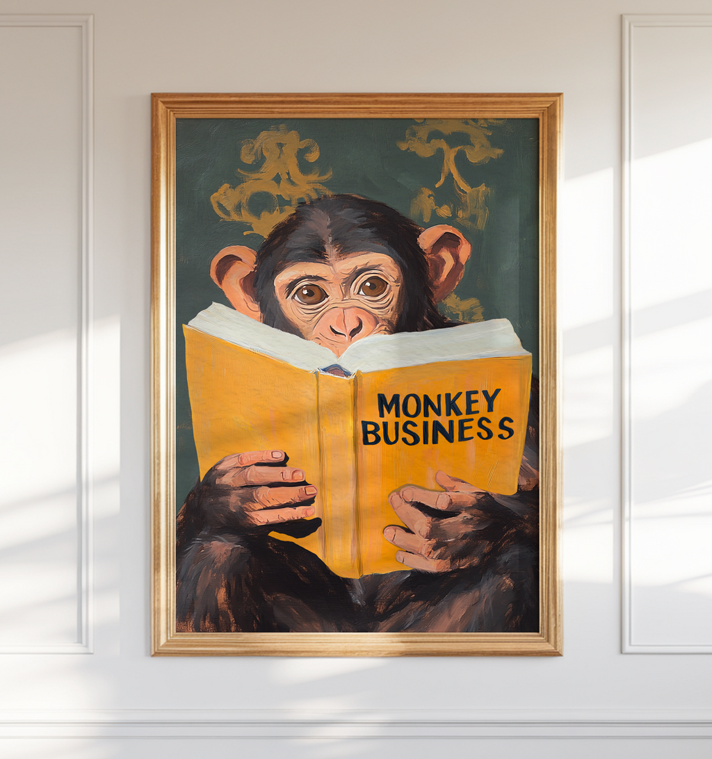 Monkey Business Wall Art – Funny Animal Print, Quirky Monkey Decor, Humor Art, Animal Lover Gift, Playful Wall Art, Jungle Theme Decor