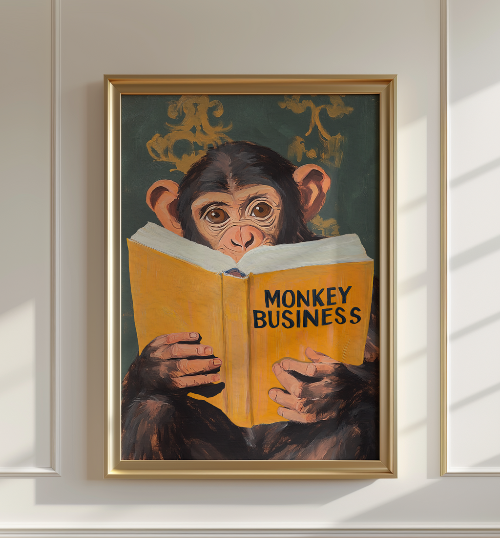 Monkey Business Wall Art – Funny Animal Print, Quirky Monkey Decor, Humor Art, Animal Lover Gift, Playful Wall Art, Jungle Theme Decor