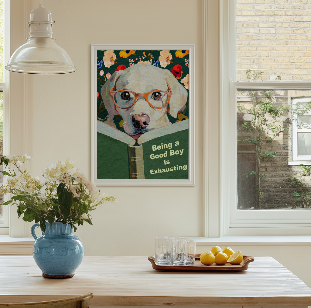 Whimsical Dog Reading Book Art Print - Funny Pet Wall Decor - Humorous Gift for Animal Lovers