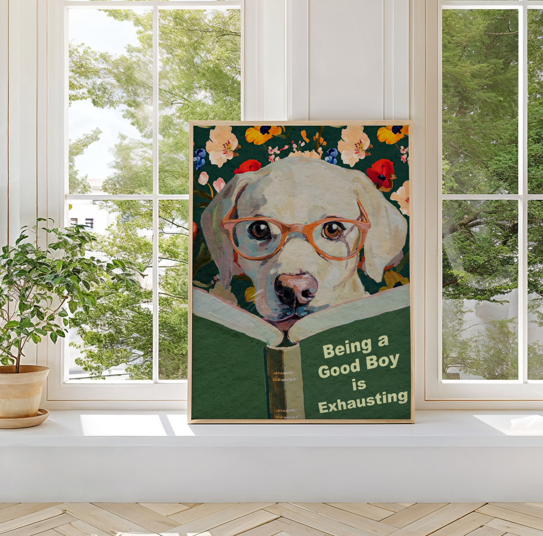 Whimsical Dog Reading Book Art Print - Funny Pet Wall Decor - Humorous Gift for Animal Lovers