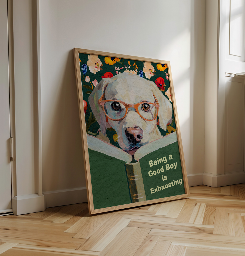 Whimsical Dog Reading Book Art Print - Funny Pet Wall Decor - Humorous Gift for Animal Lovers