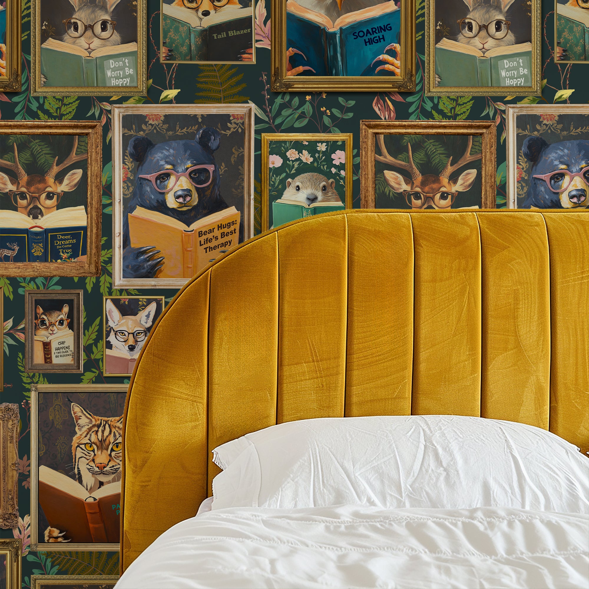 Whimsical Animals Reading Wallpaper - Cabin In the Woods Version - Green